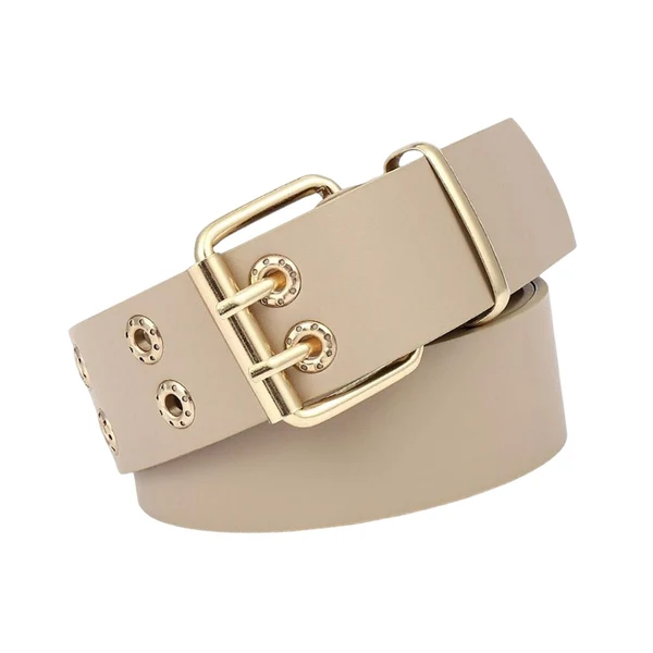 Exceptional Maxbell Double Grommet Belt Jeans Eyelet Belt Width 1.5inch Leather Punk Waist Belt Beige Premium Material