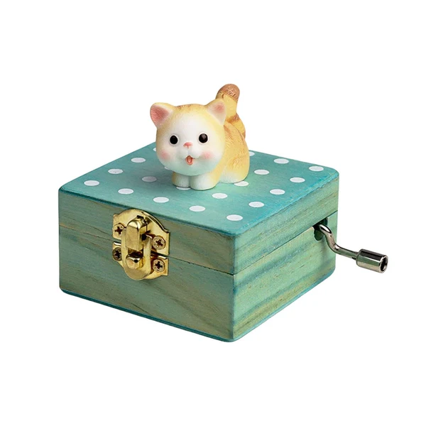 Official Maxbell Wooden Hand Crank Music Box for Women Halloween Gifts Party Decoration Yellow Cat Traditional