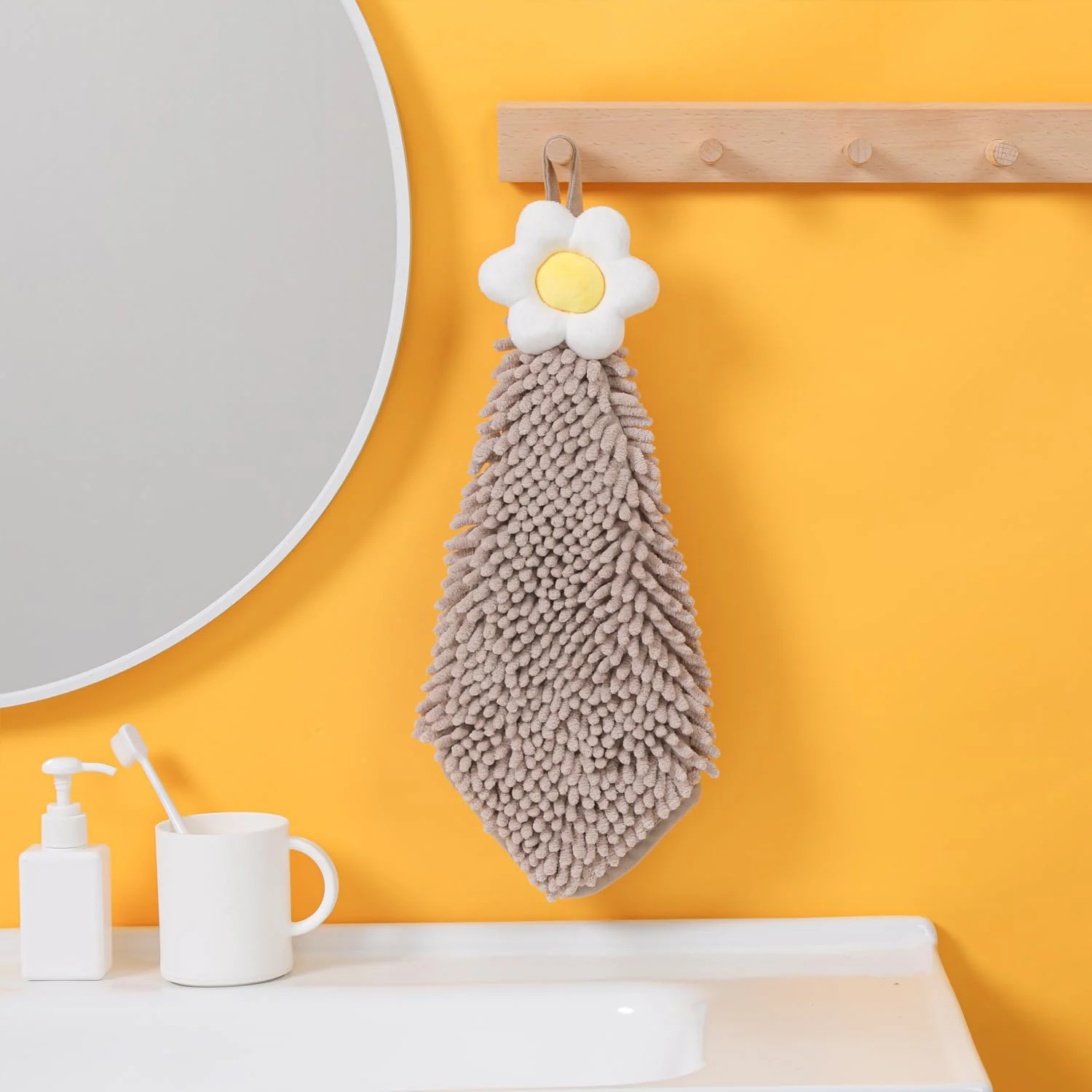 Superior Tyrafry Chenille Cute Flower Hand Towels Super Soft Water Absorbent Decorative Hand Towels with Hanging Loop Machine Washable Kitchen Towels Brown Minimalist