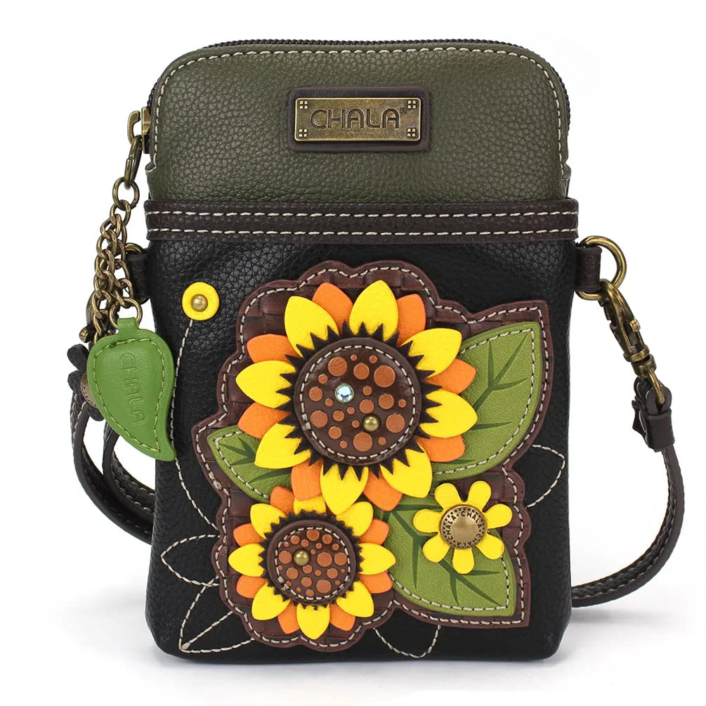 Fast CHALA Plant Life Collection Cell Phone Crossbody Purse-Women PU Leather Canvas Multicolor Handbag with Adjustable Strap - Sunflower Group - black Relaxed