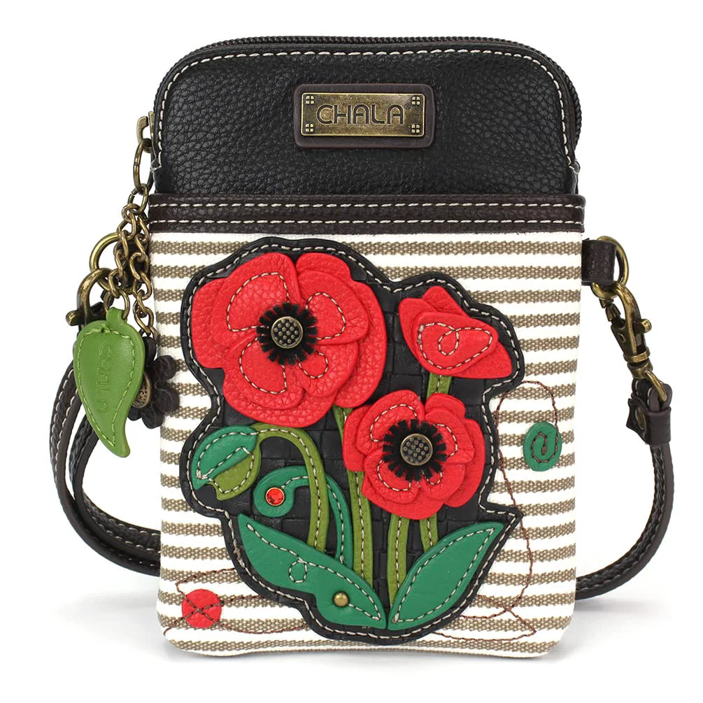 Recyclable CHALA Plant Life Collection Cell Phone Crossbody Purse-Women PU Leather Canvas Multicolor Handbag with Adjustable Strap - Red Poppy - gray stripe Excellent