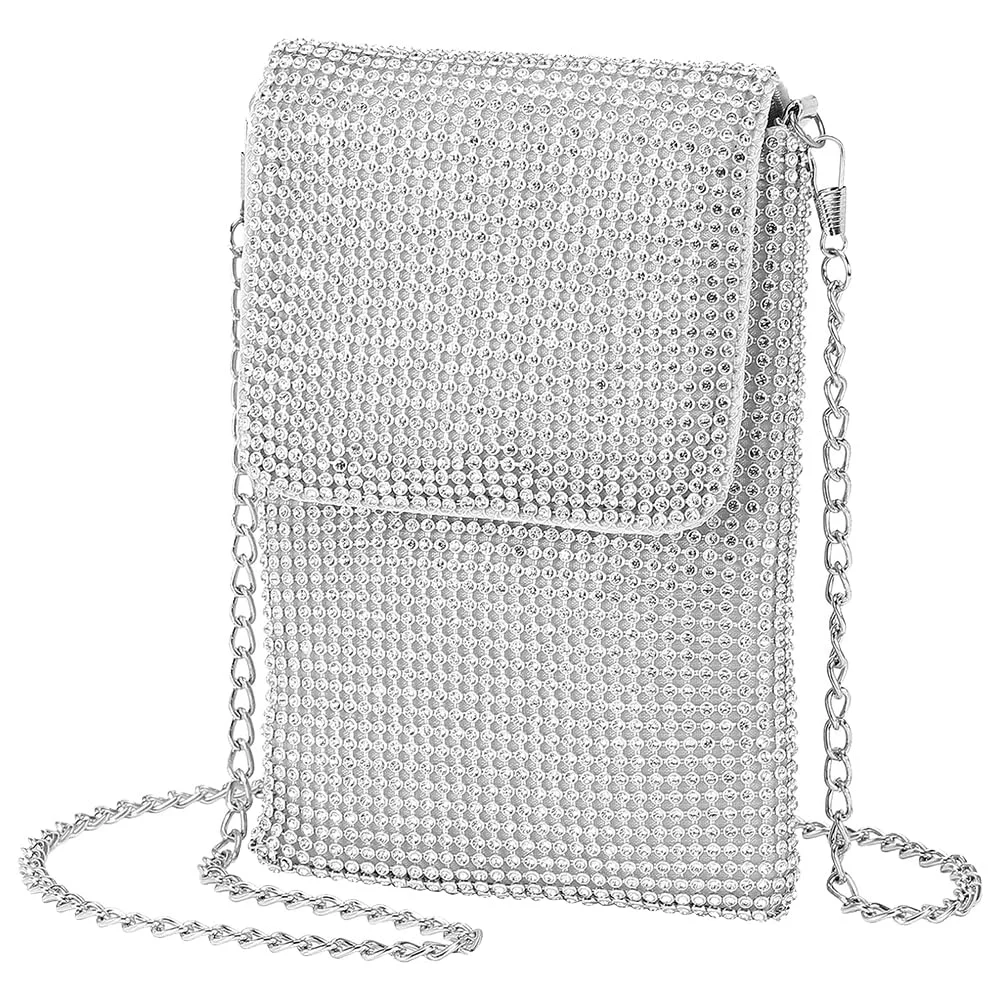 Detailed KDUPUP Rhinestone Crossbody Cell Phone Purse Wallet Clutch Glitter Crystal Evening Handbags Bling Shoulder Strap Smart Phone Bag Silver Casual