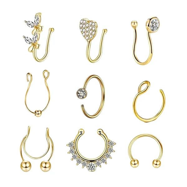 Convenient Maxbell 9Pcs Fashion Nose Rings u Shape Nose Studs Punk Style for Women Men Gold Detailed