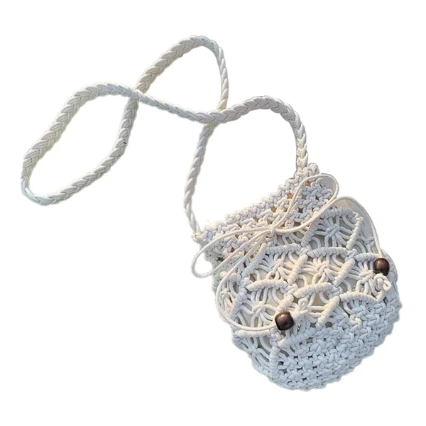 Fashionable Maxbell Woven Shoulder Bag Phone Purse Bucket Bag Hollow Out Drawstring Pockets White World-Class