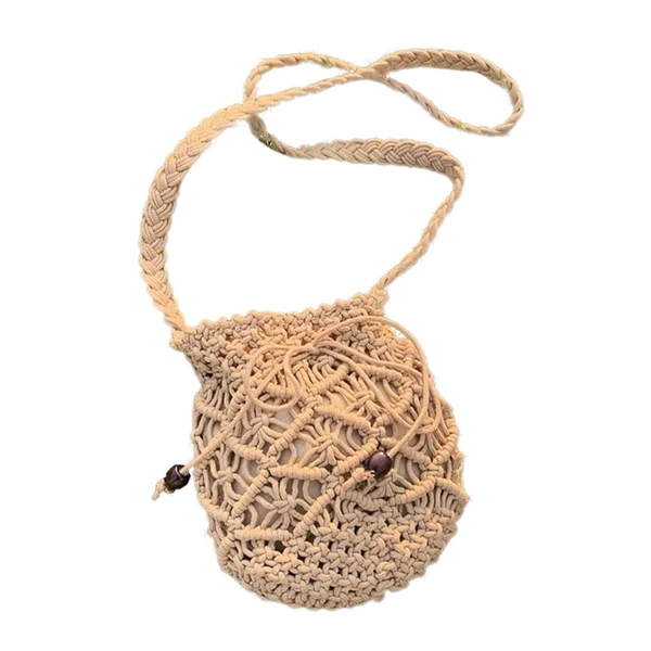 Sophisticated Maxbell Woven Shoulder Bag Phone Purse Bucket Bag Hollow Out Drawstring Pockets Khaki High-Grade