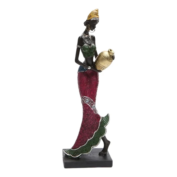 Eco-Friendly Maxbell Exotic African Figurine Sculpture Craft Tribal Lady Statue for Wine Cabinet Red Dress Lightweight