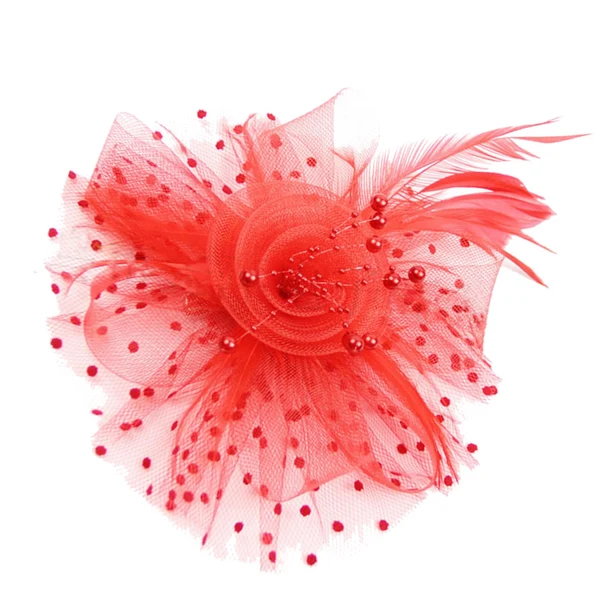 Easy-to-Use Maxbell women Flower Mesh Feathers Hair Clip Headwear Headdress for Tea Party Red Excellent