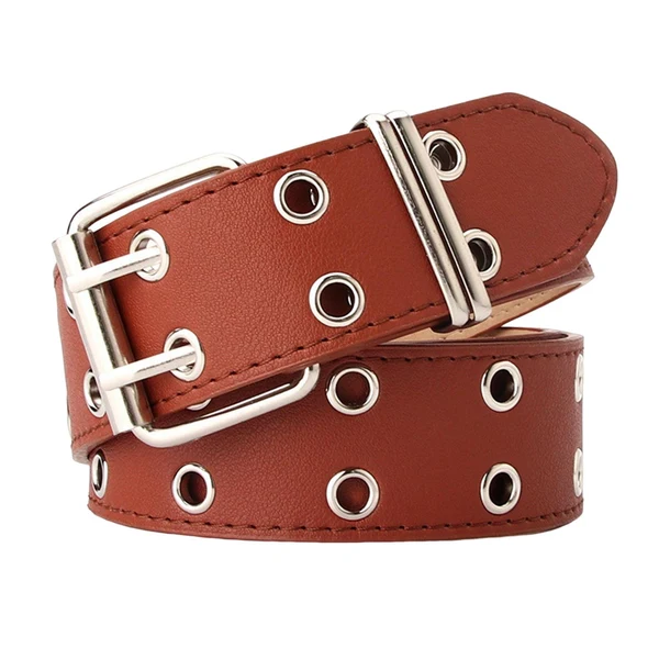 Classic Maxbell Double Grommet Belt PU Leather Punk Double Prong Buckle for Men Women Camel Unique
