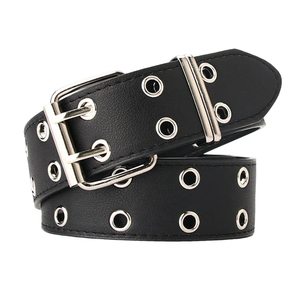 Comfortable Maxbell Double Grommet Belt PU Leather Punk Double Prong Buckle for Men Women Black Fine