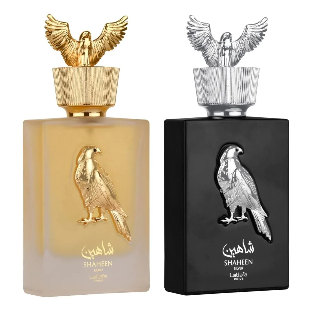 Clean Lattafa Perfumes Pride Shaheen for Unisex 2 Piece Eau de Parfum Gift Set Gold Silver 3.4 Ounce 100 ml each Superior