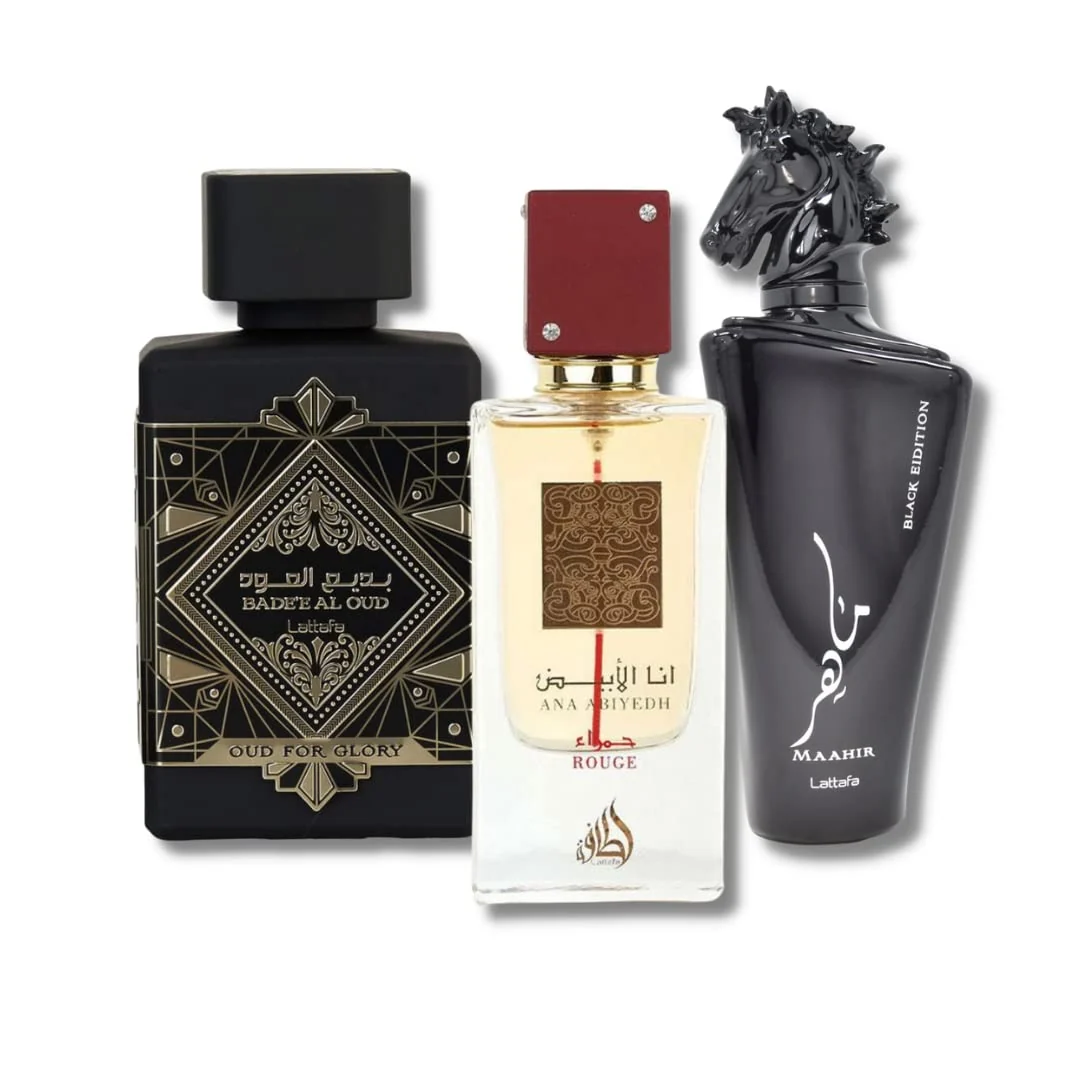 Selected Lattafa Perfumes Bade'e Al Oud For Glory Maahir Black Ana Abiyedh Rouge EDP-100ml 3.4 oz Trendy