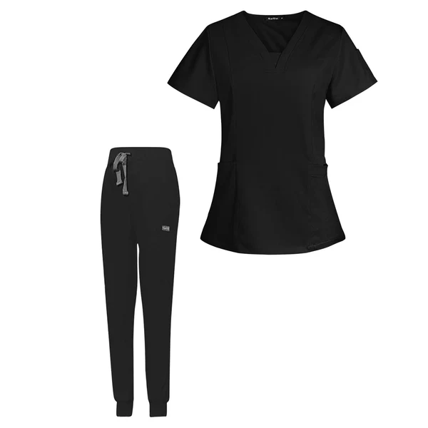 Recyclable Maxbell Female Scrub Set Nurse v neckline Machine Washable Short Sleeves Suit S Black Premium