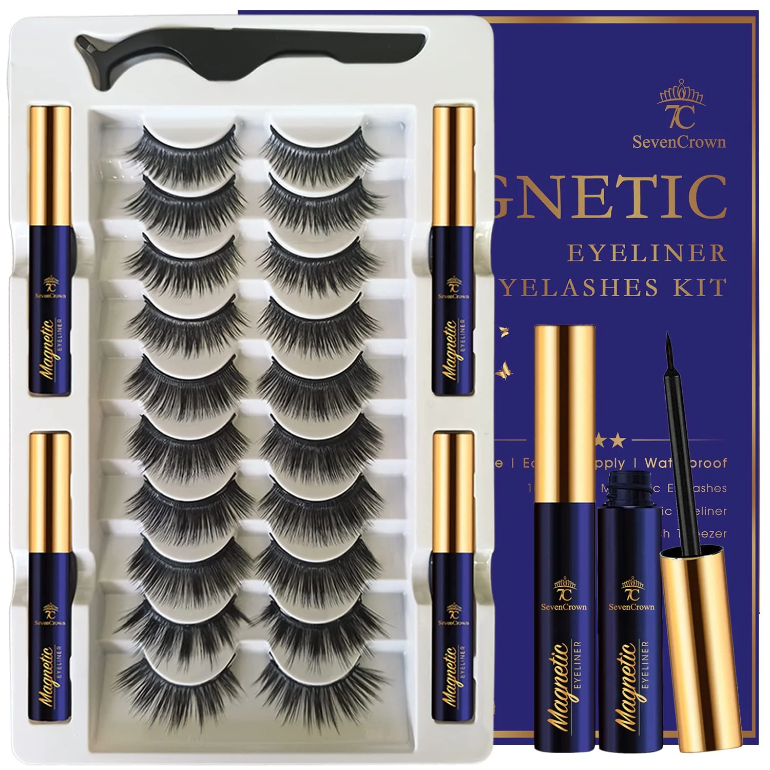 User-Friendly 3D Magnetic Eyelashes with Eyeliner Kit - 7C SevenCrown Magnetic Lashes Natural Looking with Upgraded 4 Tubes of Liner Waterproof Long Lasting 10 Verified