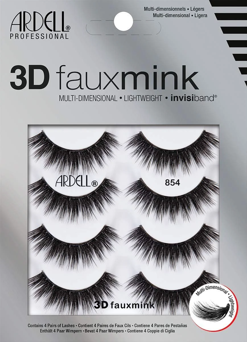 Easy-to-Use Ardell 3D Faux Mink Lashes 854 - Lightweight False Eyelashes with Invisiband Dramatic Volume and Flare 4-Pair 1-Pack Top-Quality