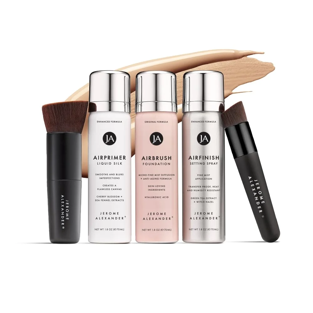 High-Quality Minerals AirBrush Foundation Set by Jerome Alexander - Complete 5pc Spray Makeup Set with Foundation Primer and Setting Finishing Spray - Classic
