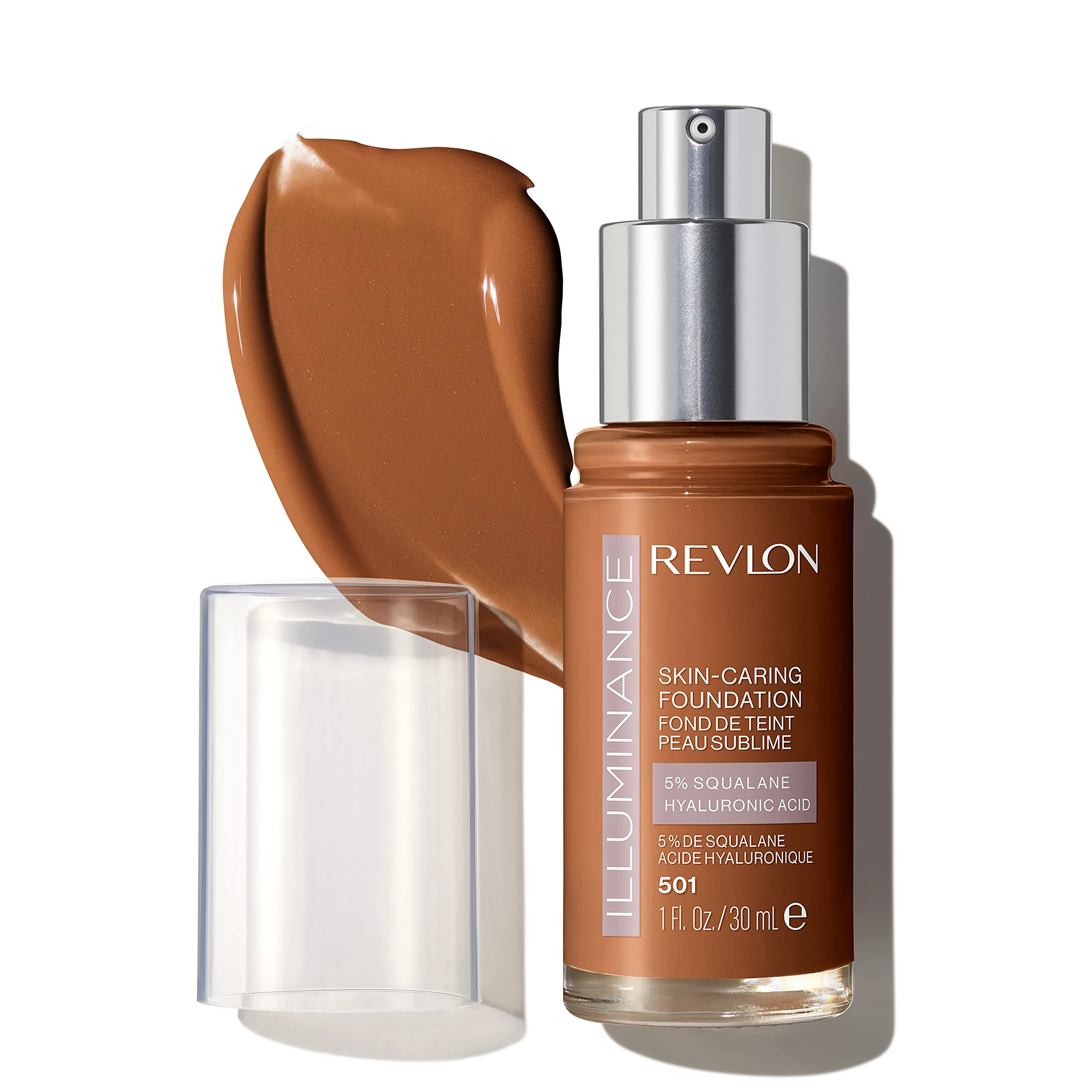 Optimized Revlon Illuminance Skin-Caring Liquid Foundation Hyaluronic Acid Hydrating and Nourishing Formula with Medium Coverage 501 Toasted Caramel 1 fl oz Clean