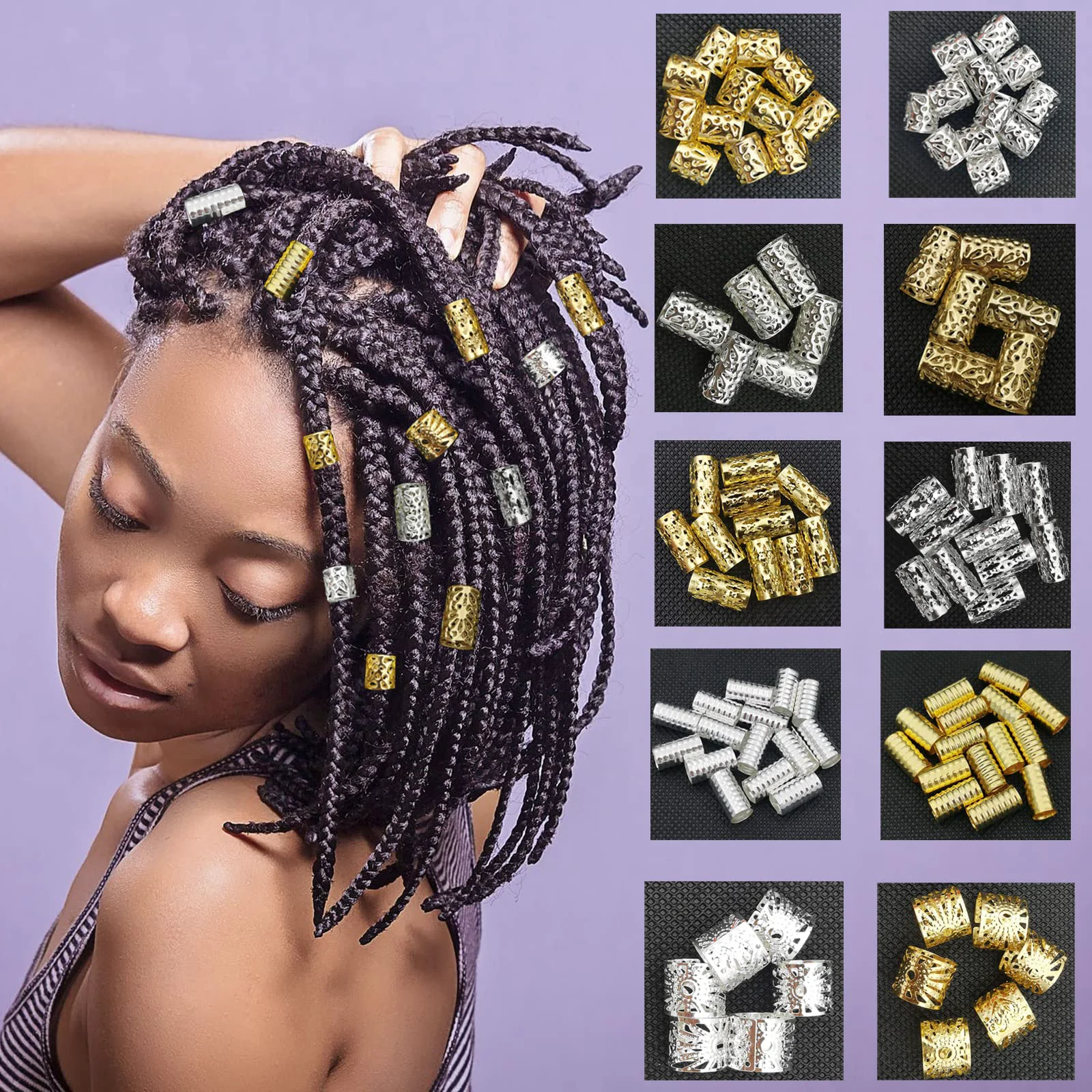 Prestigious 100 PCS Gold Hair Cuffs Hair Beads for Girls Silver Hair Jewelry for Braids Accessories Flosius Hair Charms for Braids Dreadlock Accessories Loc Organic