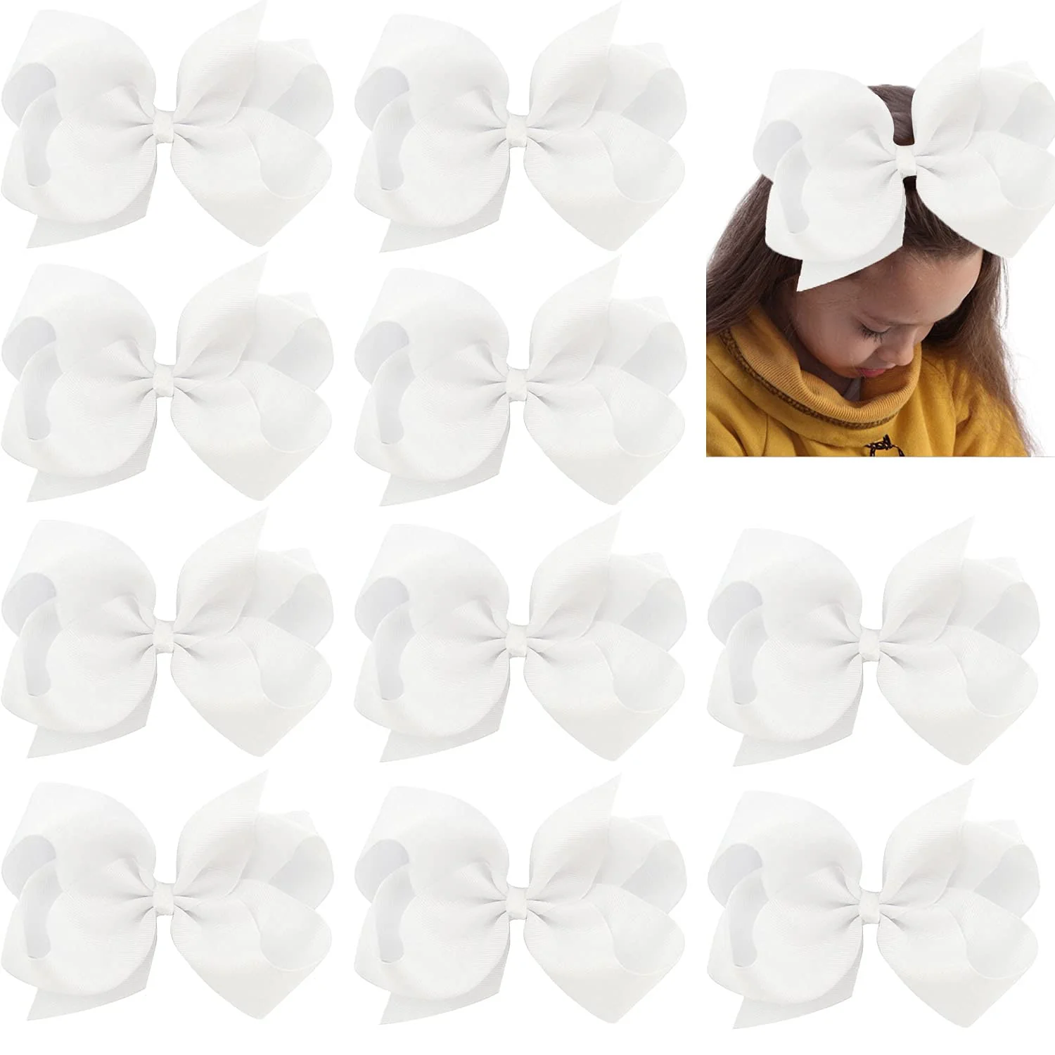 Fast 10 PCS Large 8 White Hair Bow Clips Grosgrain Ribbon Solid Color Hair Bow With Alligator Clips Hair Accessories for Teen Toddler Little Girls Secure