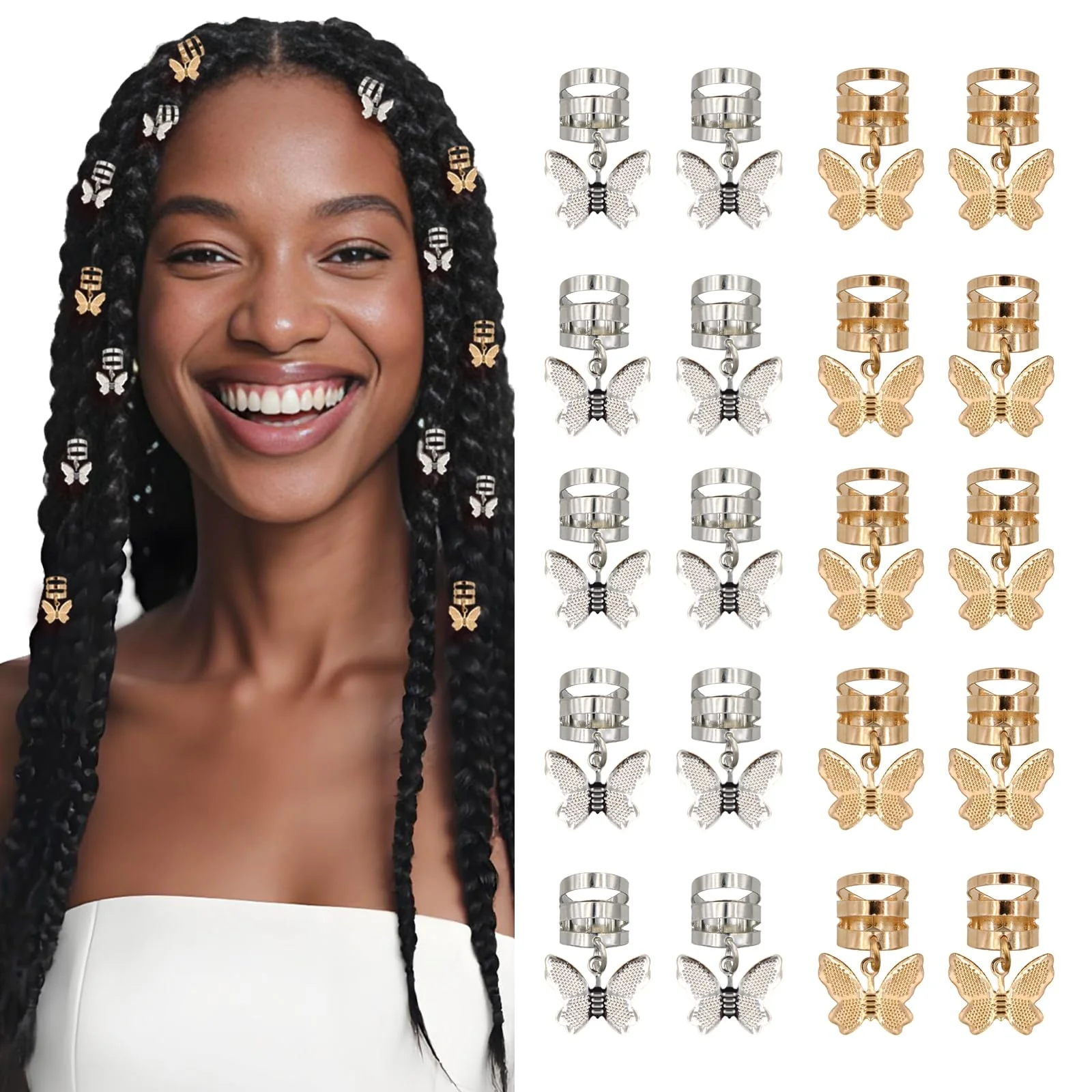 Breathable 20Pcs Gold Silver Butterfly Cuffs for Women's Braids Dreadlocks - Aluminum Rings Adjustable Metal Clips Hair Decorations Relaxed