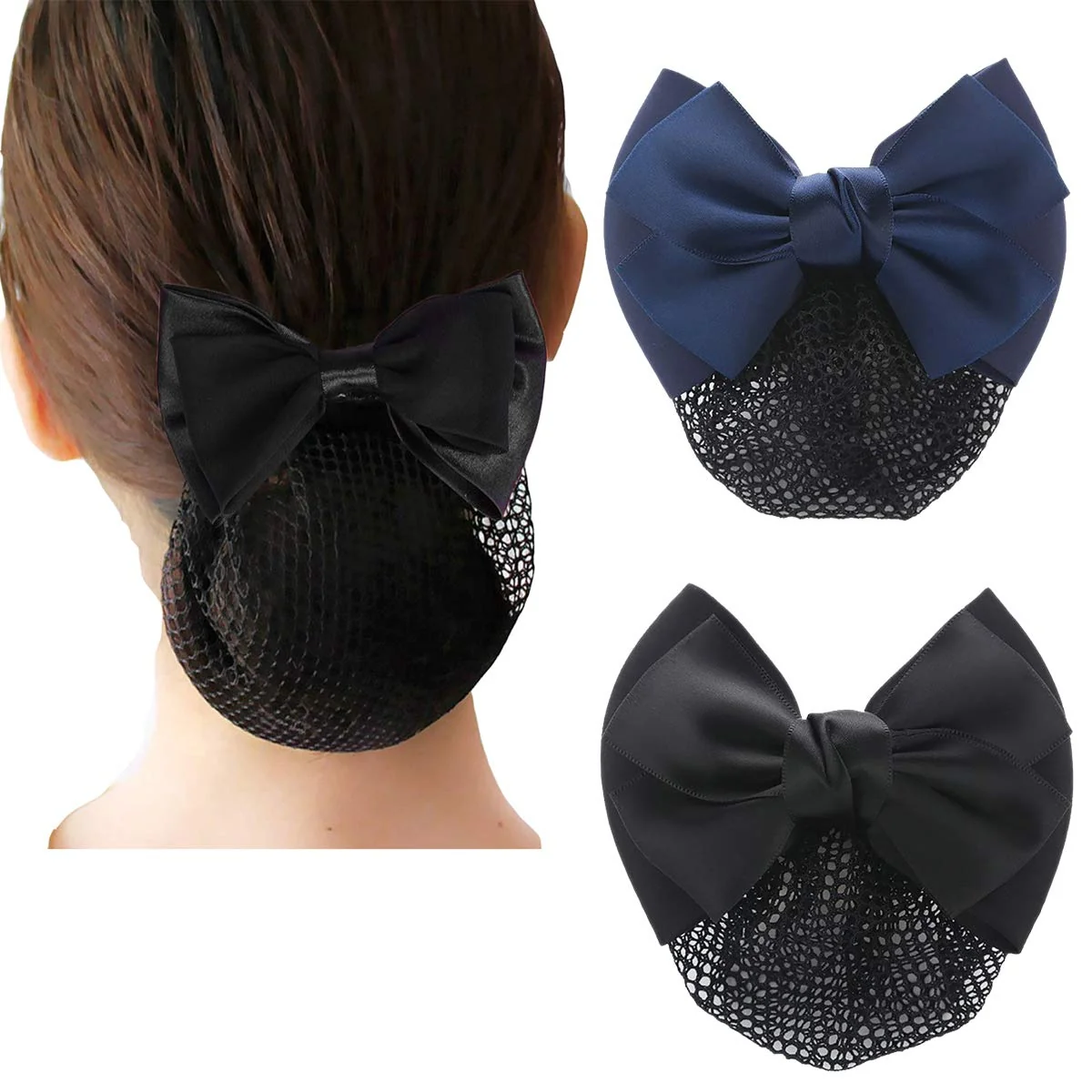 Clean 2 Pcs Bowknot Hair Snood Net Barrette Bun Cover Bow Hair Clip Xmas Gifts for Women Lady Solid