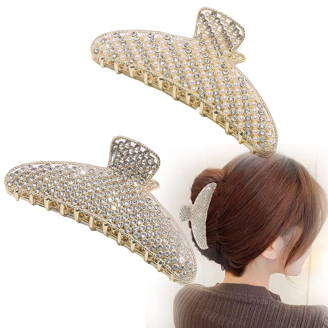 Genuine 2 Pack Large Rhinestone Hair Clips Crystal Pearl Hair Claw Clips Black Gold Jumbo Jaw Clip Nonslip Hair Claw for Thick Long Hair Fashion Hair Effective