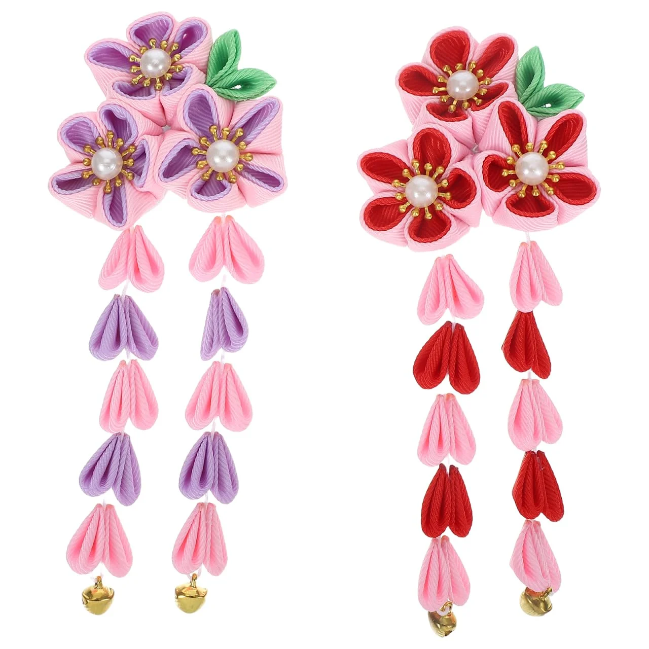 Efficient 2pcs Womens Girls Kimono Traditional Tsumami Kanzashi Outfit Wedding Japanese Asian Yukata Hair Tie Flower Floral Fan Barrette Clip Pink Red Green