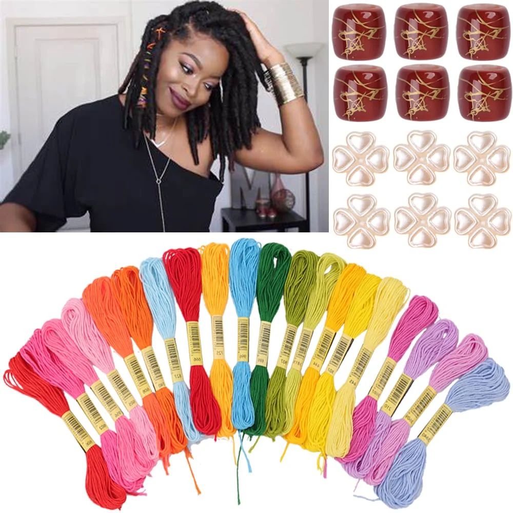 Refined 32PCS Hair Accessory Set with 12 Acrylic Hair Cuffs 20 Colorful Dreadlock Jewels and Yarn Hair Threads multicolor Recyclable
