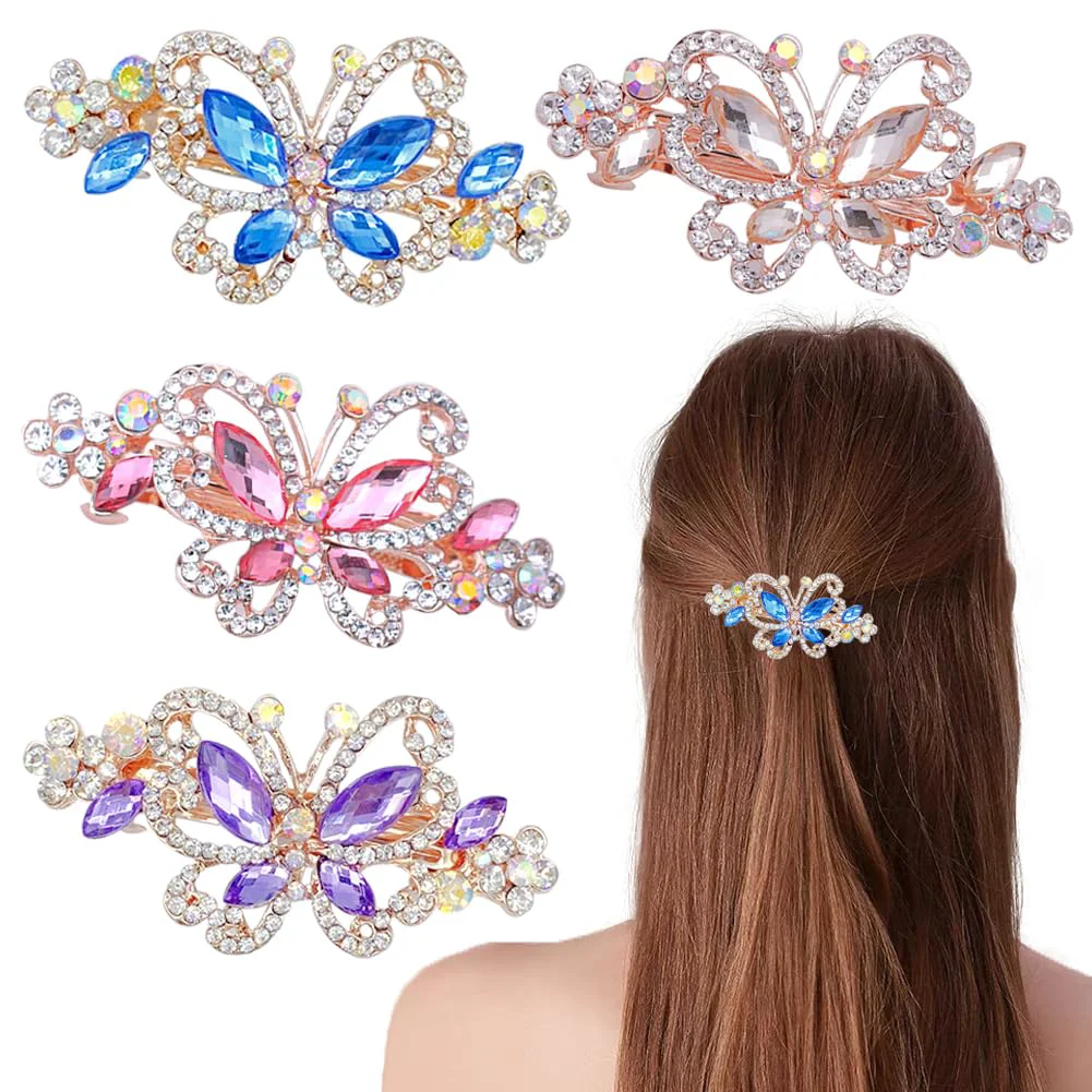 Smart 4 PCS Hair Clips for Women Ladies Butterfly Design Crystal Rhinestones French Barrettes Spring Hair Barrettes Clip Women Fashion Ponytail Holders Exclusive