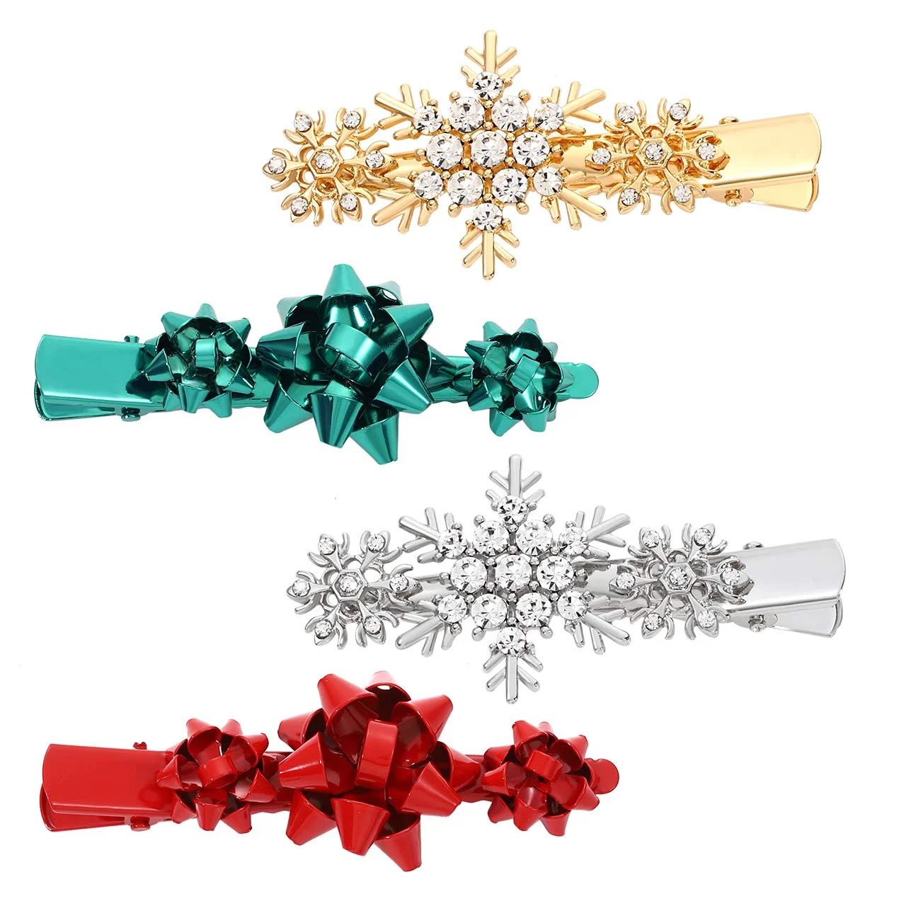 Trendy 4pcs Christmas Hair Clips for Women Girls Xmas Present Bow Hair Pins Crystal Christmas Snowflake Hair Barrettes Holiday Jewelry Ornament New Year Gift Minimalist