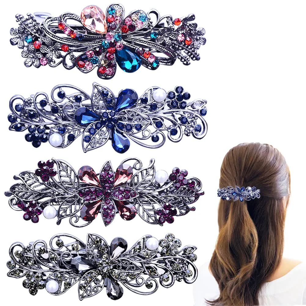 Trusted 4 PCS Hair Barrettes for Women Ladies Flower Crystal Rhinestones Barrette Pearl Spring Hair Clip Accessories Women Fashion Ponytail Holders Barrette Detailed
