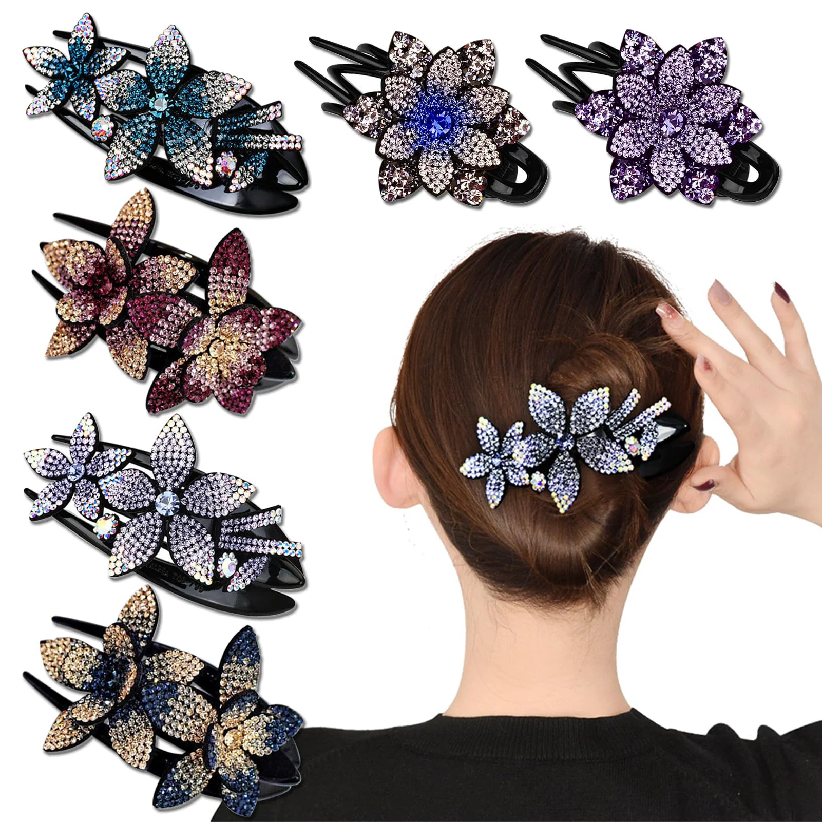 Environmentally Friendly 6 Pack Rhinestone Double Flower Hair Clip for Women Girls Crystal Duckbill Clip Hairpin with Teeth Non-Slip Women Elegant Hair Dovetail Clips Exclusive