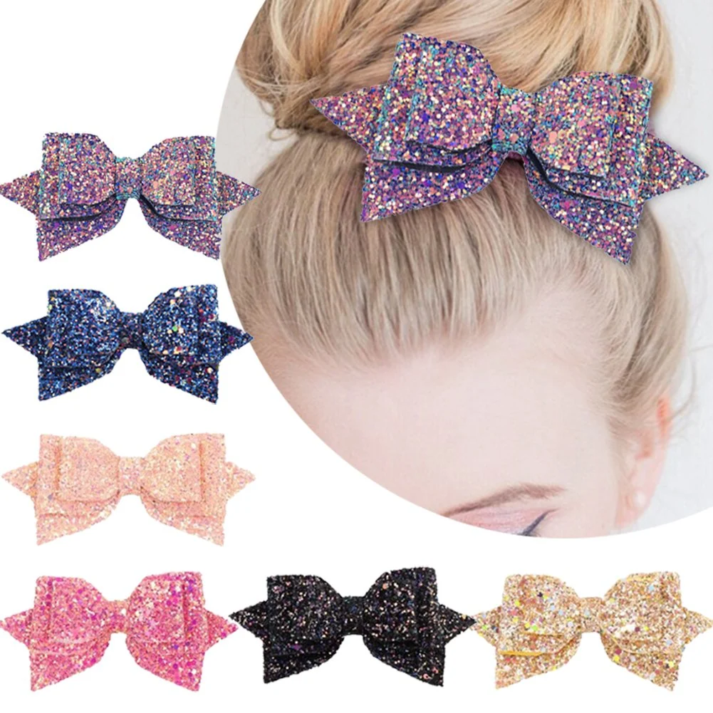 Durable 5 Inch Glitter Hair Bows Boutique Hair Clips 6 Pcs Multi Color Glitter Sequins Big Hair Bows for Baby Girls Teens Toddlers Fashionable
