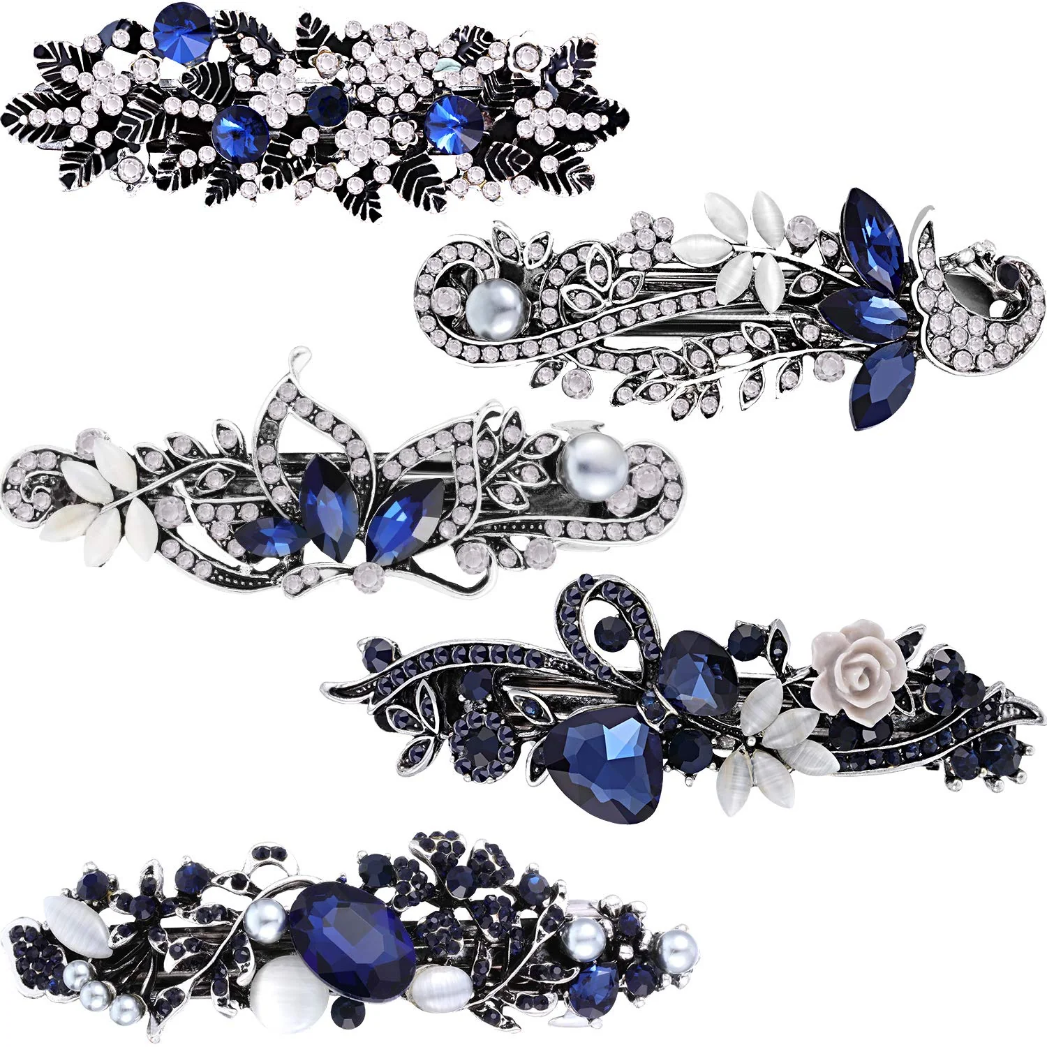 Original Design 5 Pieces Crystal Rhinestones Hair Barrettes Large Flower Butterfly Pearl French Vintage Clip Wedding Navy Hair Jewelry for Thick long Hair High-End