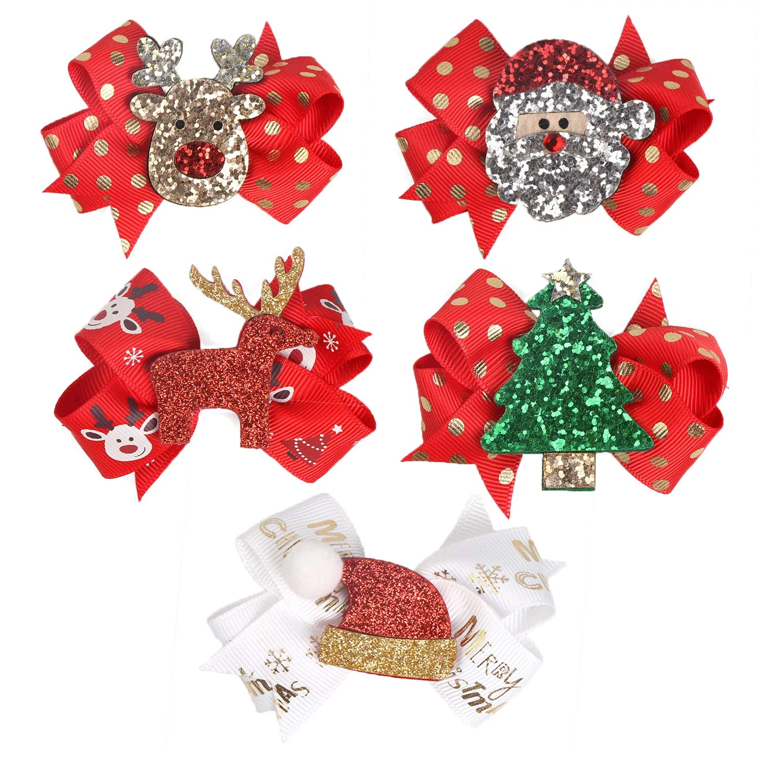 Soft 5 Pcs Christmas Sequins Alligator Clips Girls Hair Clips Bows Barrettes Hair Accessories Include Santa Christmas Tree and Cap Elk Styles Powerful