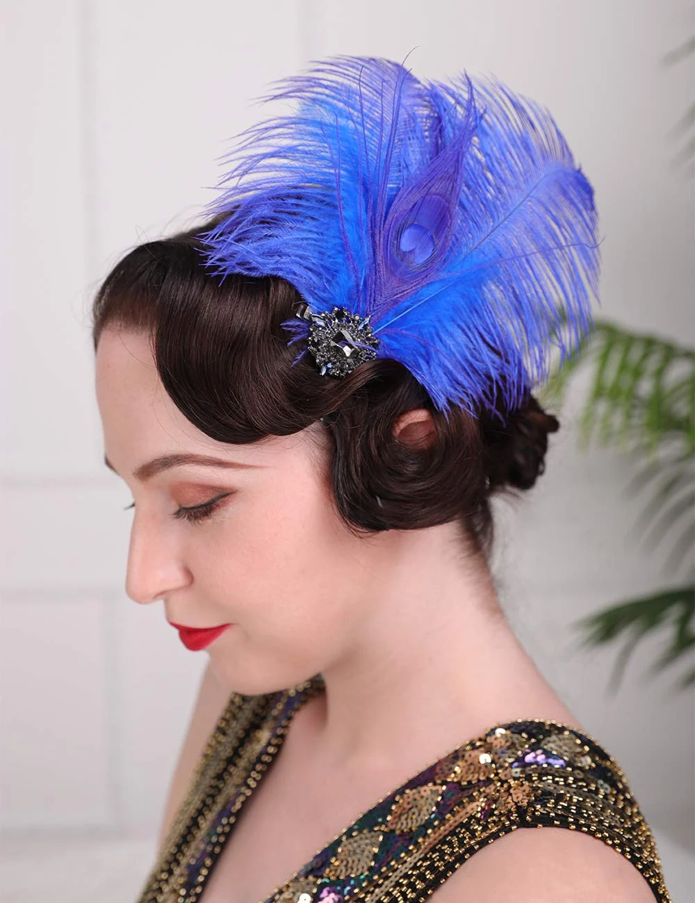Detailed Aimimier 1920s Headpiece Flapper Royal Blue Feather Hair Clip Crystal Roaring 20s Prom Party Festival Hair Accessories for Women Superior