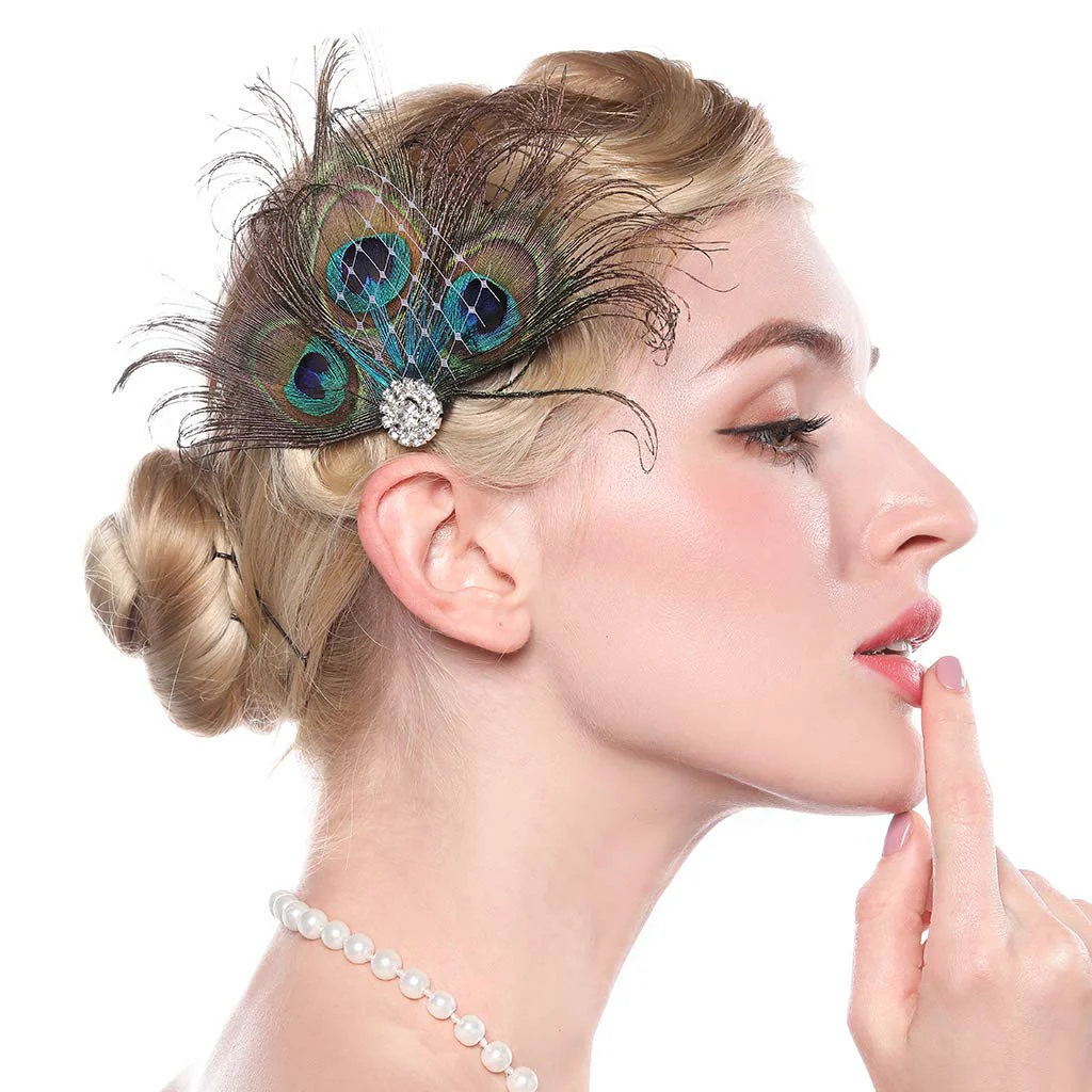 Efficient Aimimier 1920s Flapper Peacock Feather Hair Clip Crystal Hair Piece Vintage Roaring 20s Prom Party Festival Hair Accessories for Women Premium