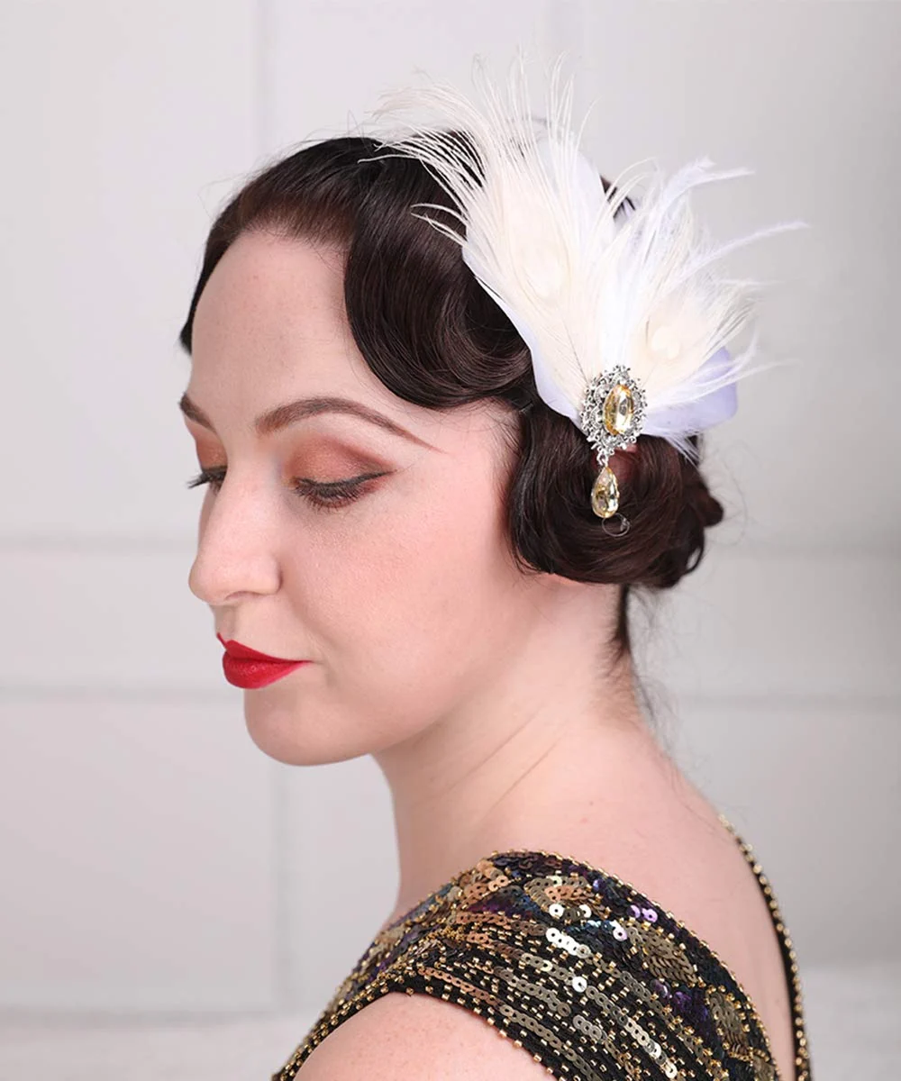 Genuine Aimimier Bridal 1920s Flapper Feather Hair Clip Crystal Teardop White Feather Roaring 20s Headpiece Prom Party Festival Hair Jewelry for Women Expertly Made