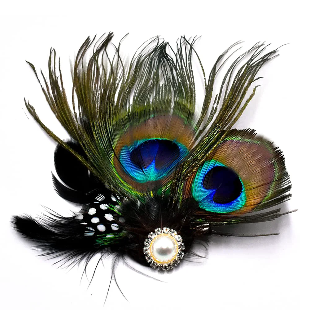 Smart Aliotech Butterfly Peacock Feather Hair Clip with Artificial Pearl Rhinestones 13.2 8cm - Bridal Wedding Party Hair Accessory Green