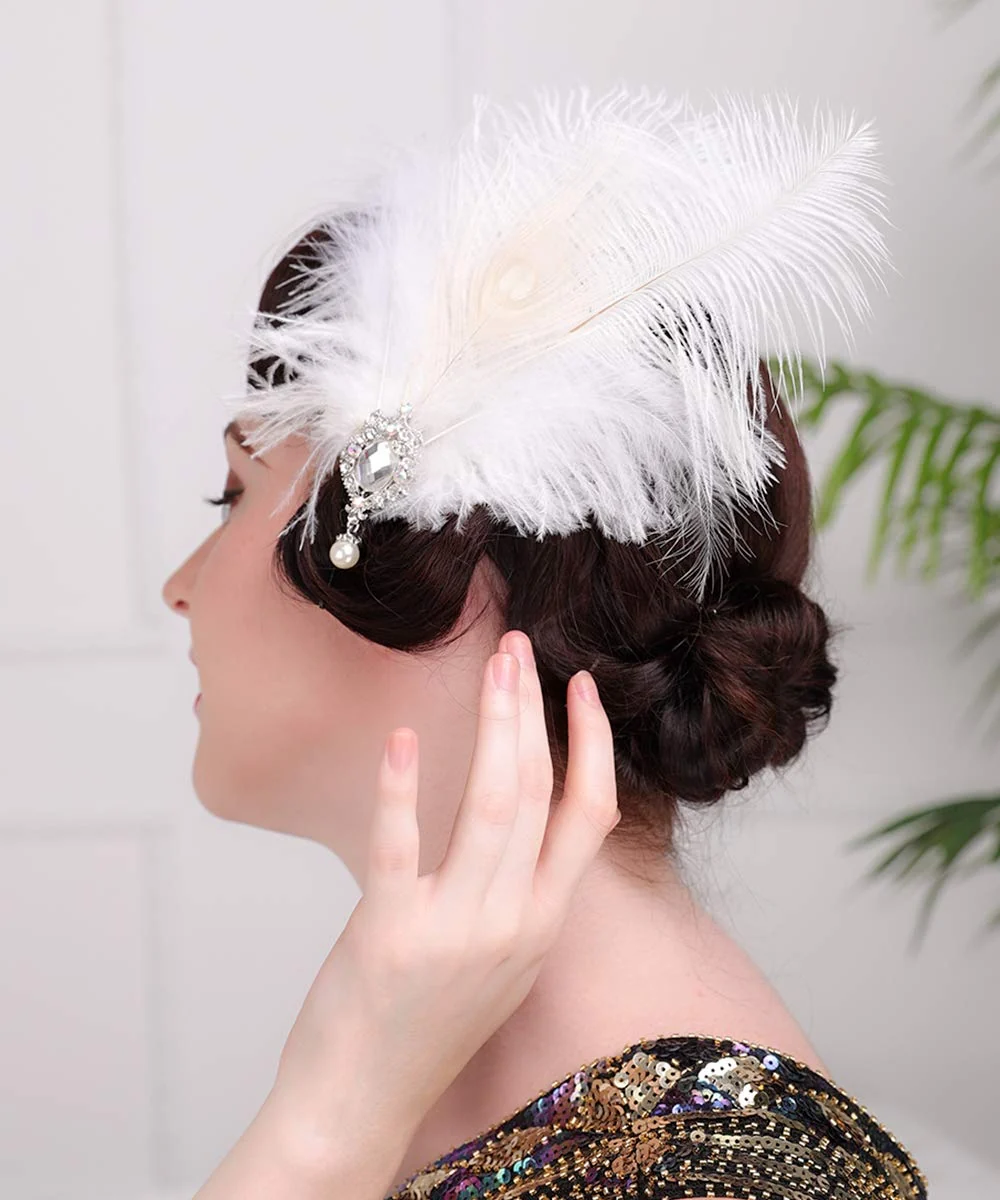 Practical Aimimier 1920s Flapper White Feather Headpiece Crystal Pendant Hair Clip Roaring 20s Feather Accessories Masquerade Hair Jewelry for Women Crafted