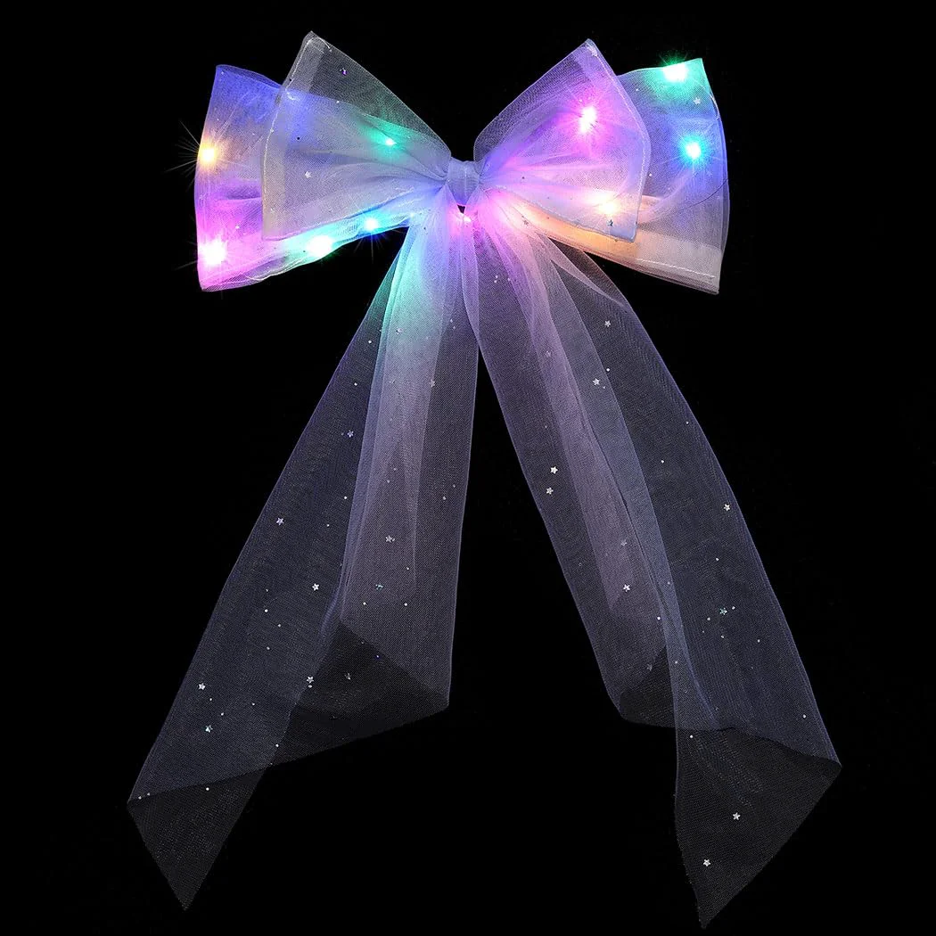 High-Grade JEAIRTS Light Up Hair Bow Glowing Led Rainbow Tulle Bows for Women Advanced