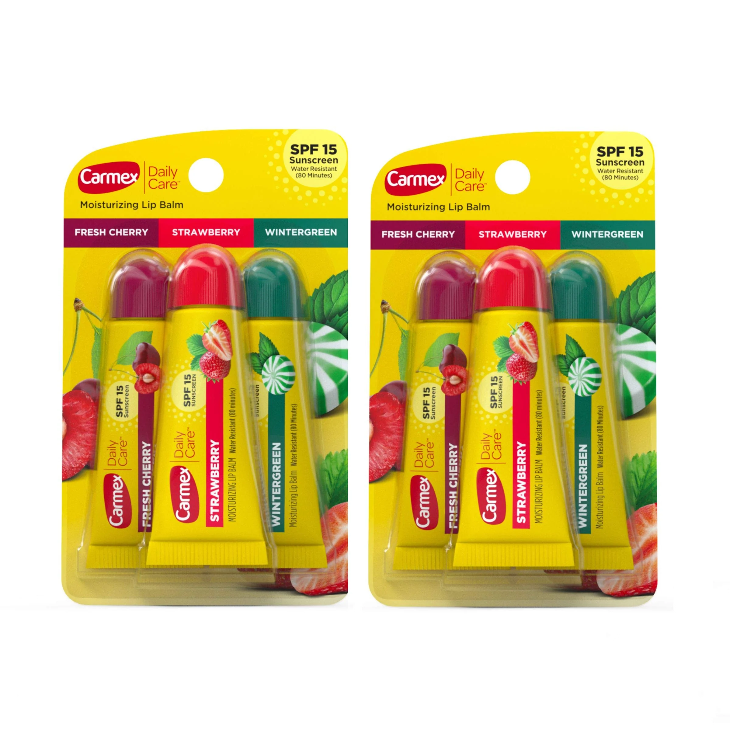Luxury Carmex Daily Care Moisturizing Lip Balm Tubes with SPF Fresh Cherry Strawberry and Wintergreen Lip Balm Pack 0.35 OZ - 4 Count Pack of 2 Unique
