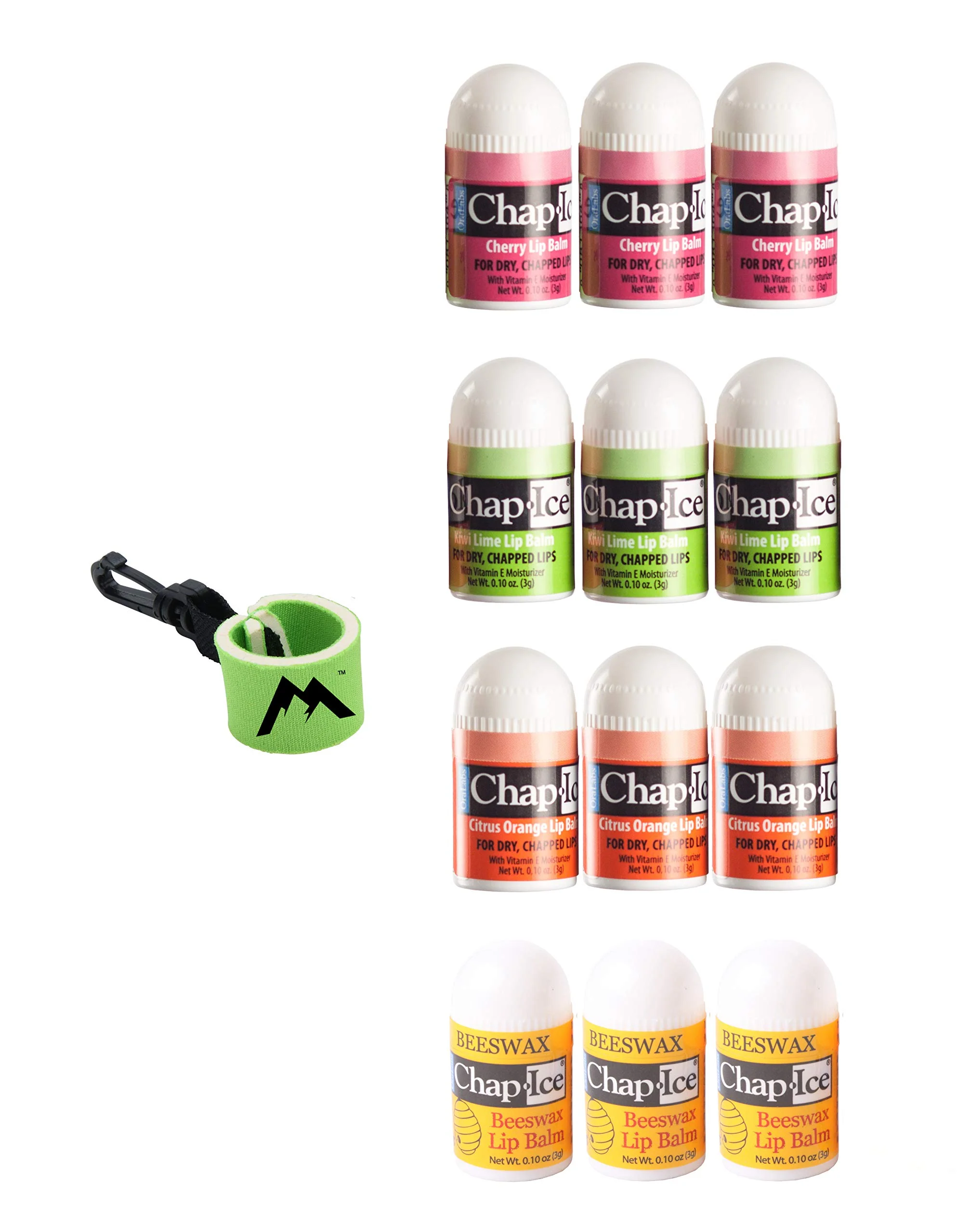 Classic Chap-Ice® 12-Count Assorted Mini Lip Balm Pack 1 Lip Balm Keychain with Swivel Clip Made in USA 4 Flavors - Cherry Citrus Orange Kiwi Lime Authentic