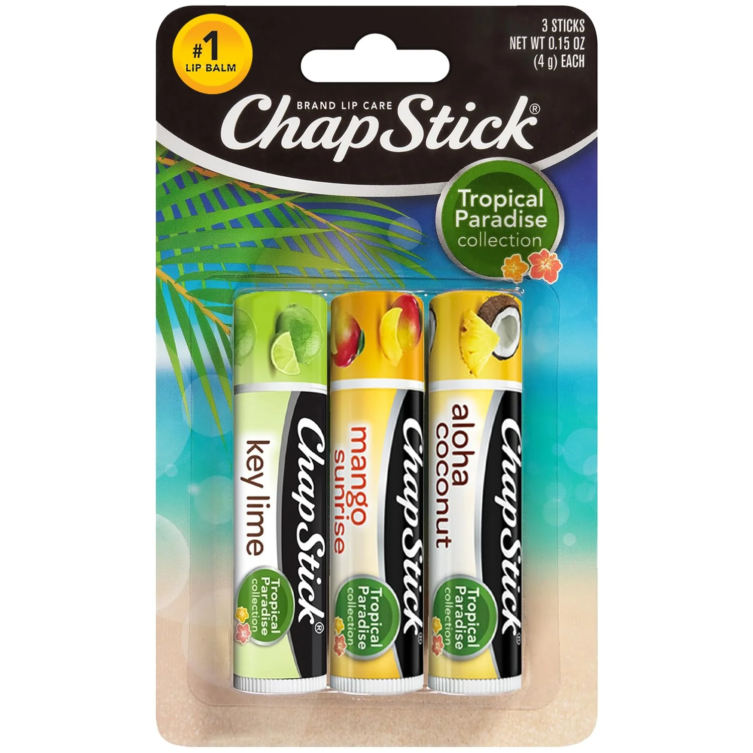 Practical ChapStick Lip Care Set Tropical Paradise Collection 3-Pack - Mango Sunrise Key Lime Aloha Coconut Lip Balm 0.15 Oz Ea Sustainable
