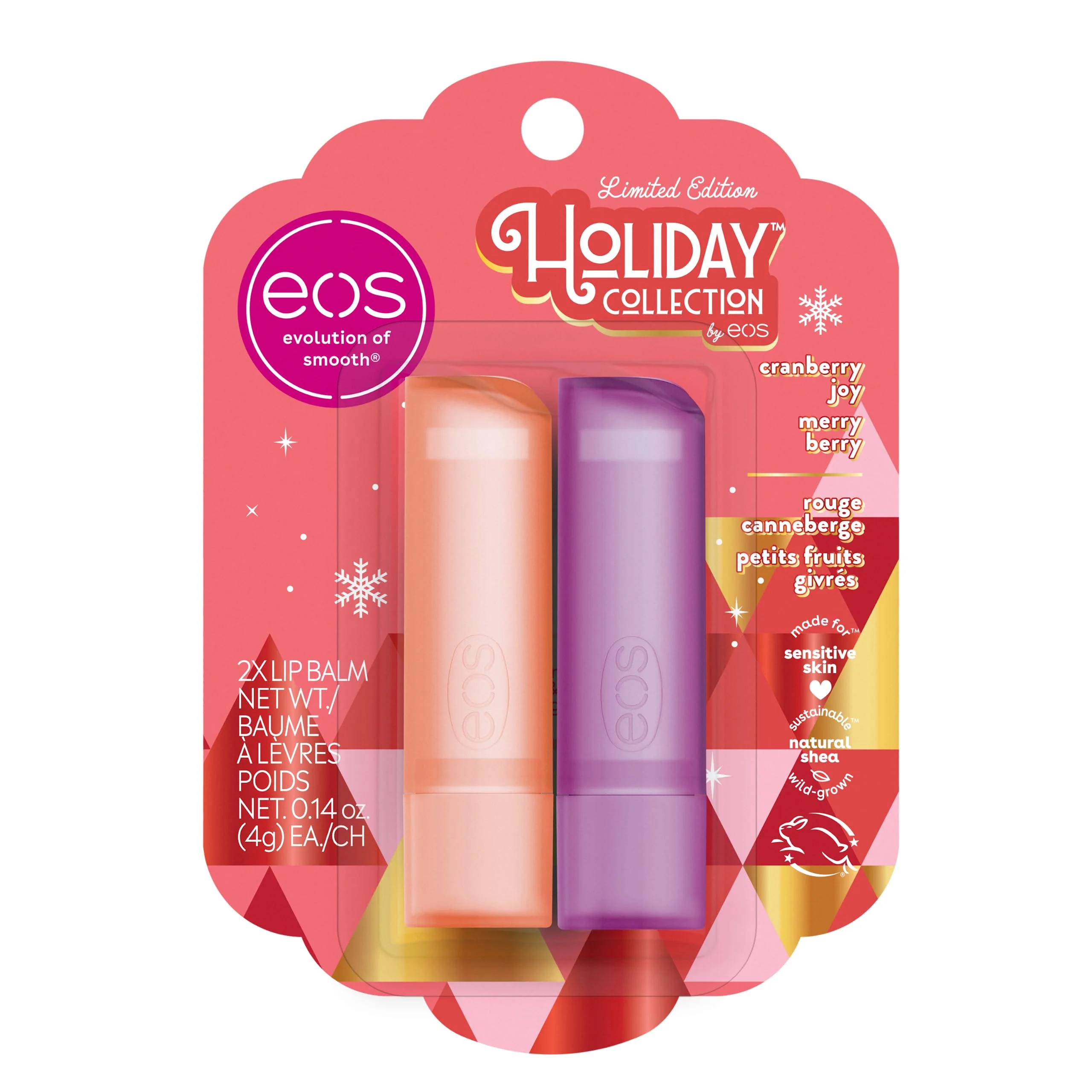 Genuine eos Holiday Lip Balm Gift- Cranberry Joy Merry Berry Stocking Stuffers All-Day Moisture Lip Care 0.14 oz 2-Pack User-Friendly