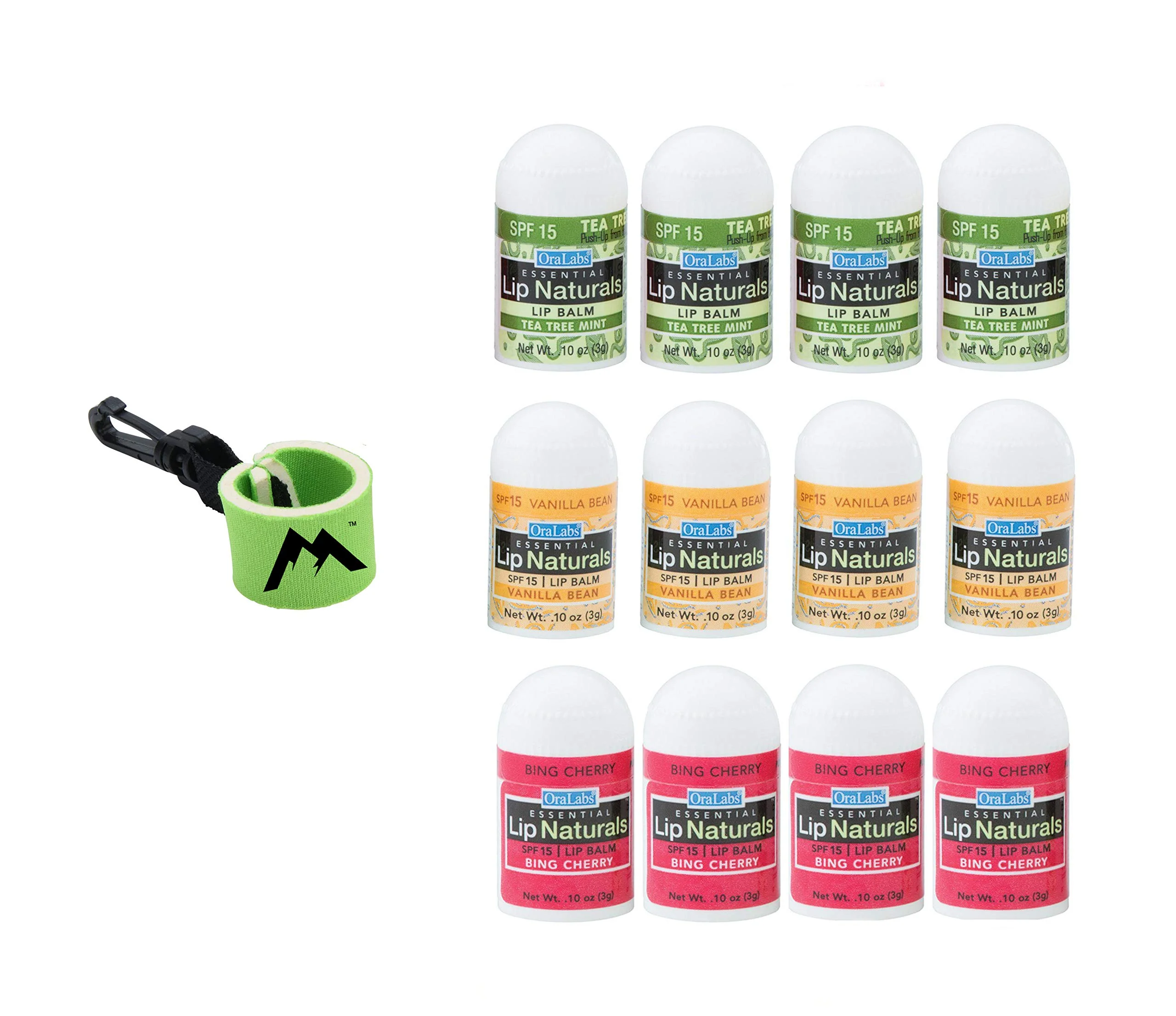 Long-Lasting Lip Naturals Assorted Mini Lip Balms with Sunscreen SPF-15 Keychain - 12 Count 3 Flavors Tea Tree Mint Vanilla Bean Bing Cherry 0.10oz 3g Trusted