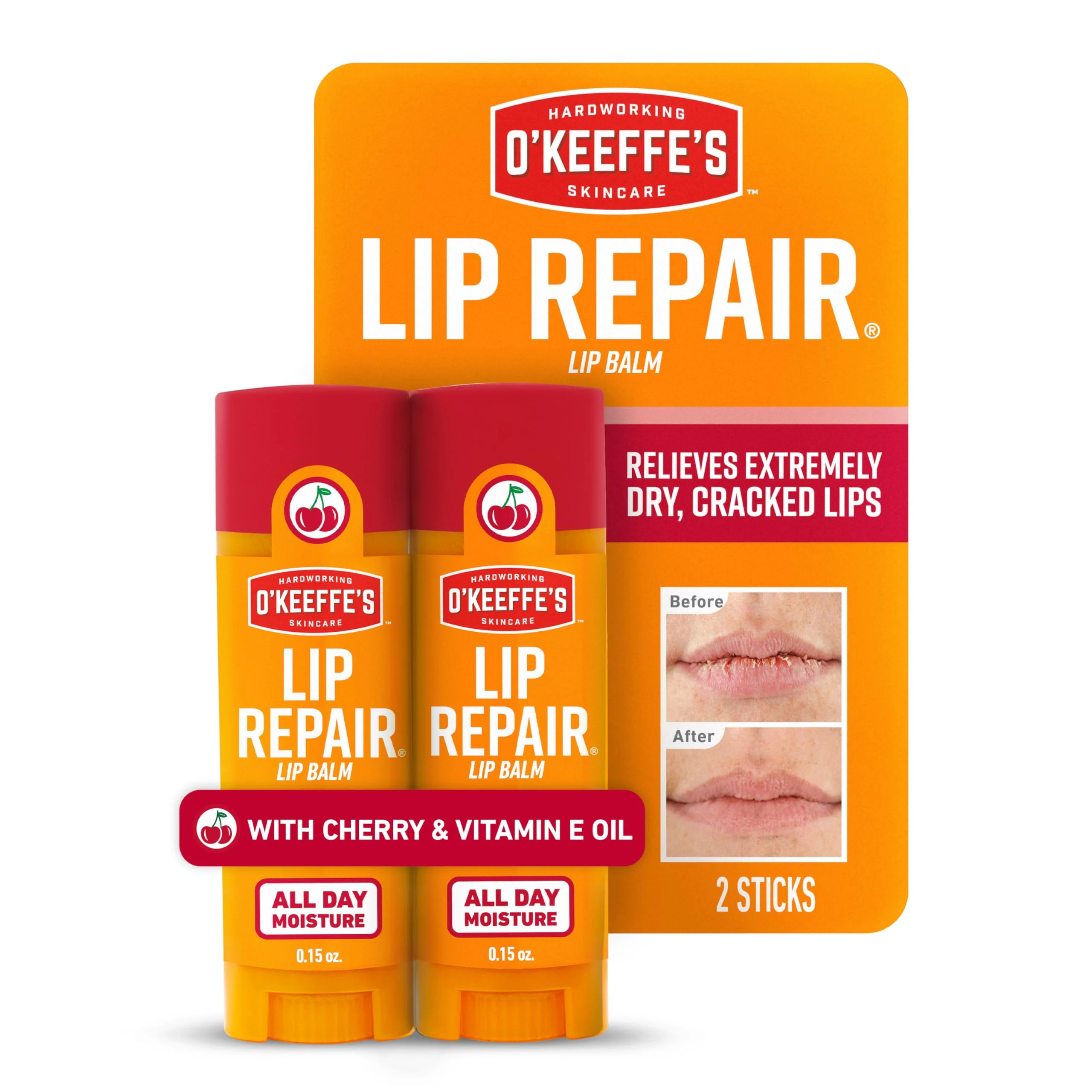Selected O'Keeffe's Lip Repair Lip Balm with Cherry Vitamin E Oil - Stick Twin Pack - Moisturizer for Extremely Cracked Dry Lips User-Friendly