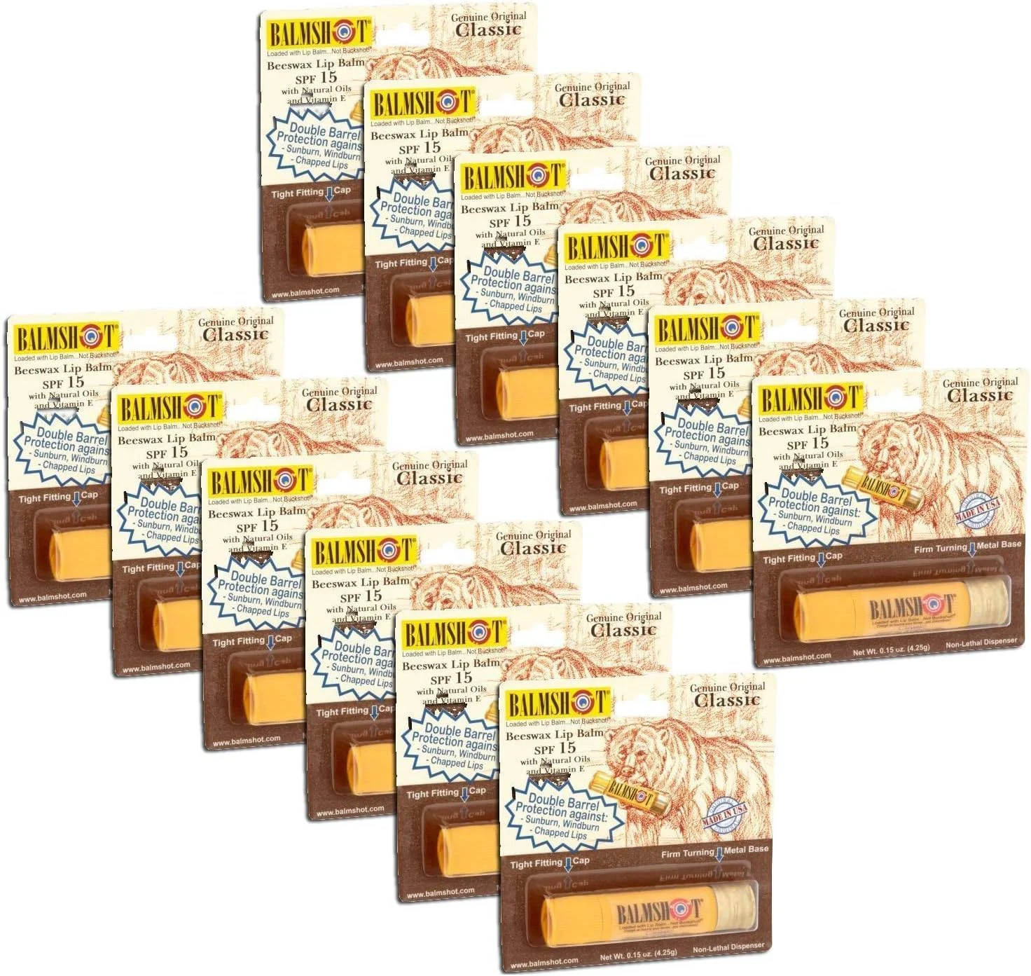 Natural Pack of 12 - Balmshot Classic Beeswax Lip Balm SPF 15 0.15 oz Crafted