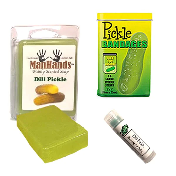Traditional Pickle Bath Grooming Sampler Gift Pack 3pc Set - Dill Pickles Lip Balm Pickle Bandages Pickle Soap First-Class