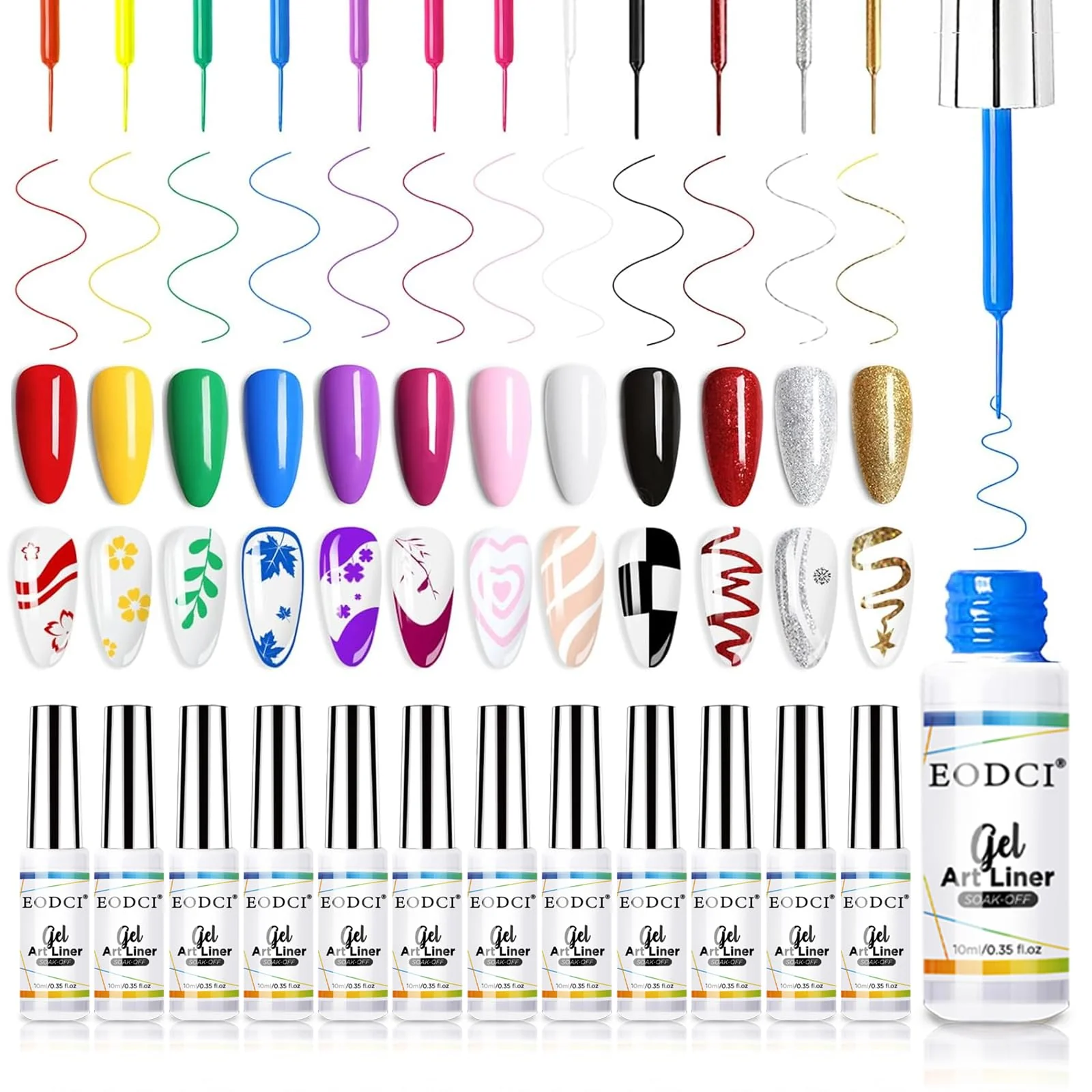 Effective eodci Nail Art Gel Liner Set 12 Colors Black Red Pink Yellow Green Glitter Fall Winter Gel Polish for Swirl French Tip Painting Designs Soak Off High-Quality