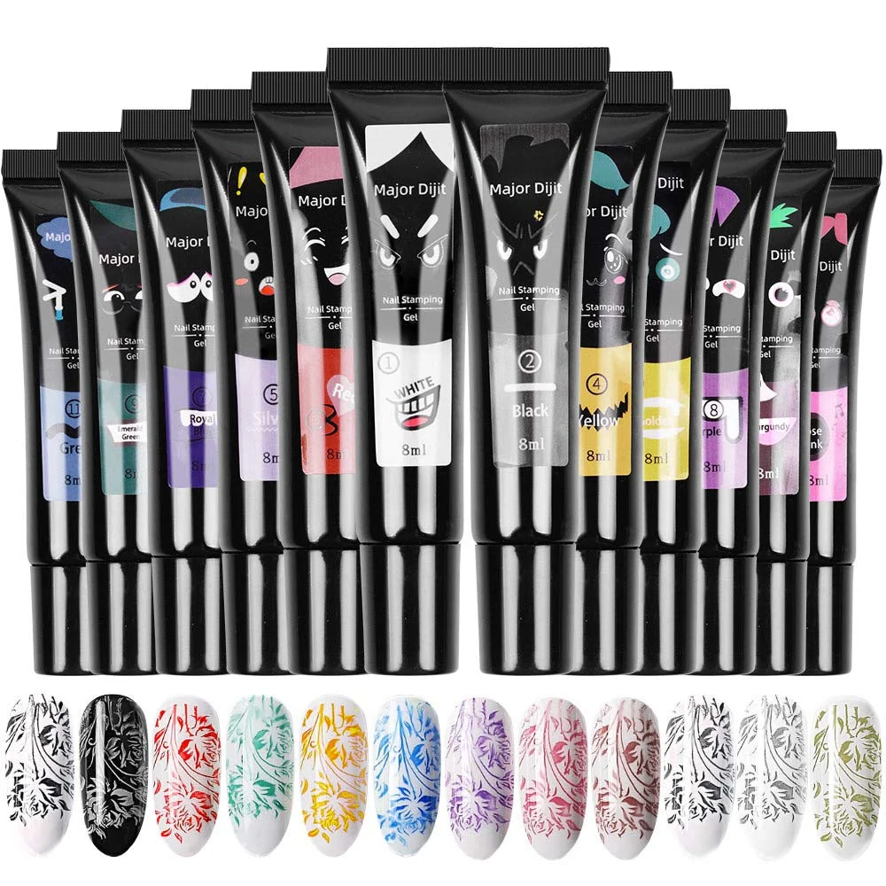Fine Crafted Major Dijit Nail stamping polish gel 8ML Nail Art UV Gel Polish for Nail Stamp Plate 12 Colors Easy-to-Use